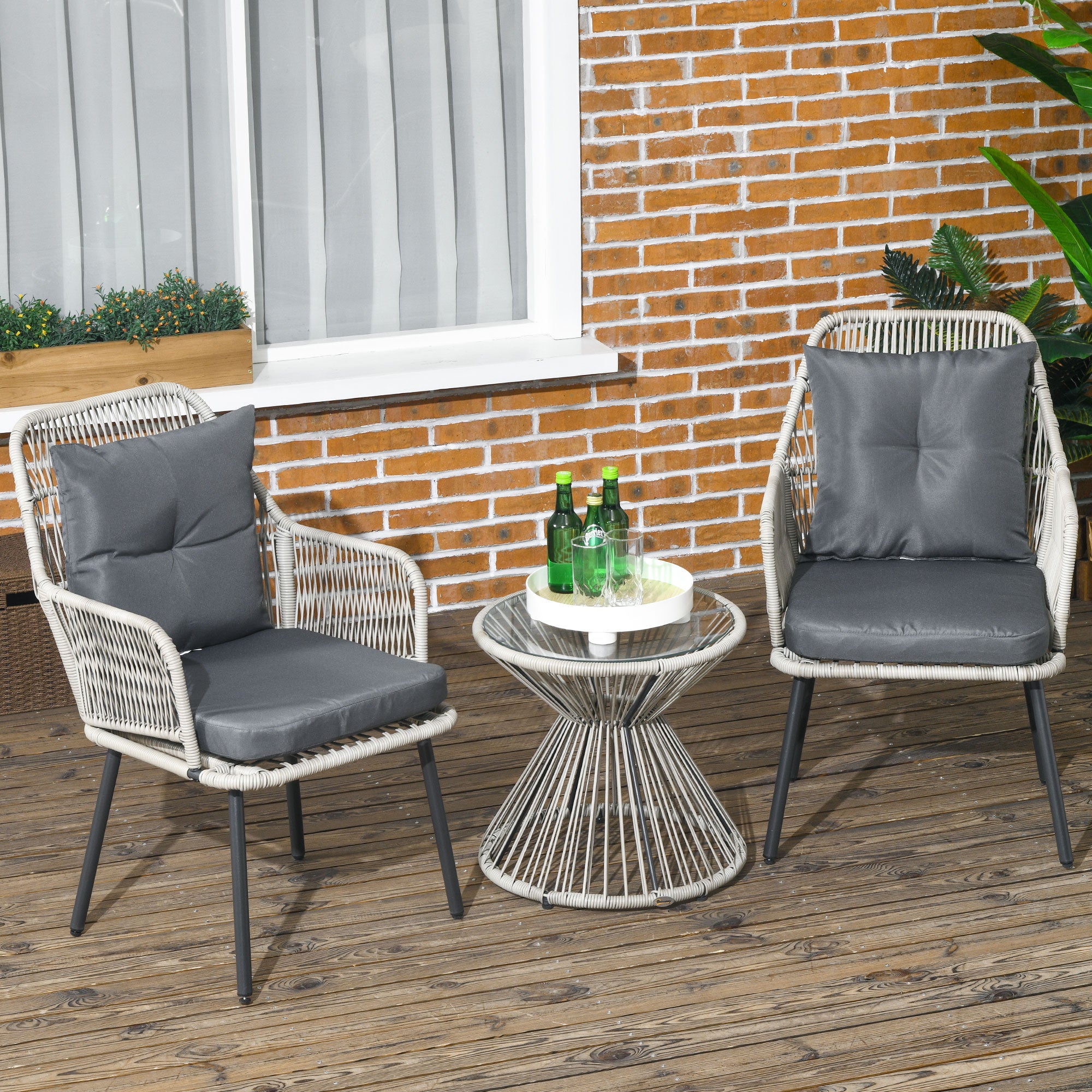 Garden Bistro Set 3 Pieces Bistro Garden Set Steel Frame 2 Armchairs + 1 Round Coffee Table Grey Cushions Included