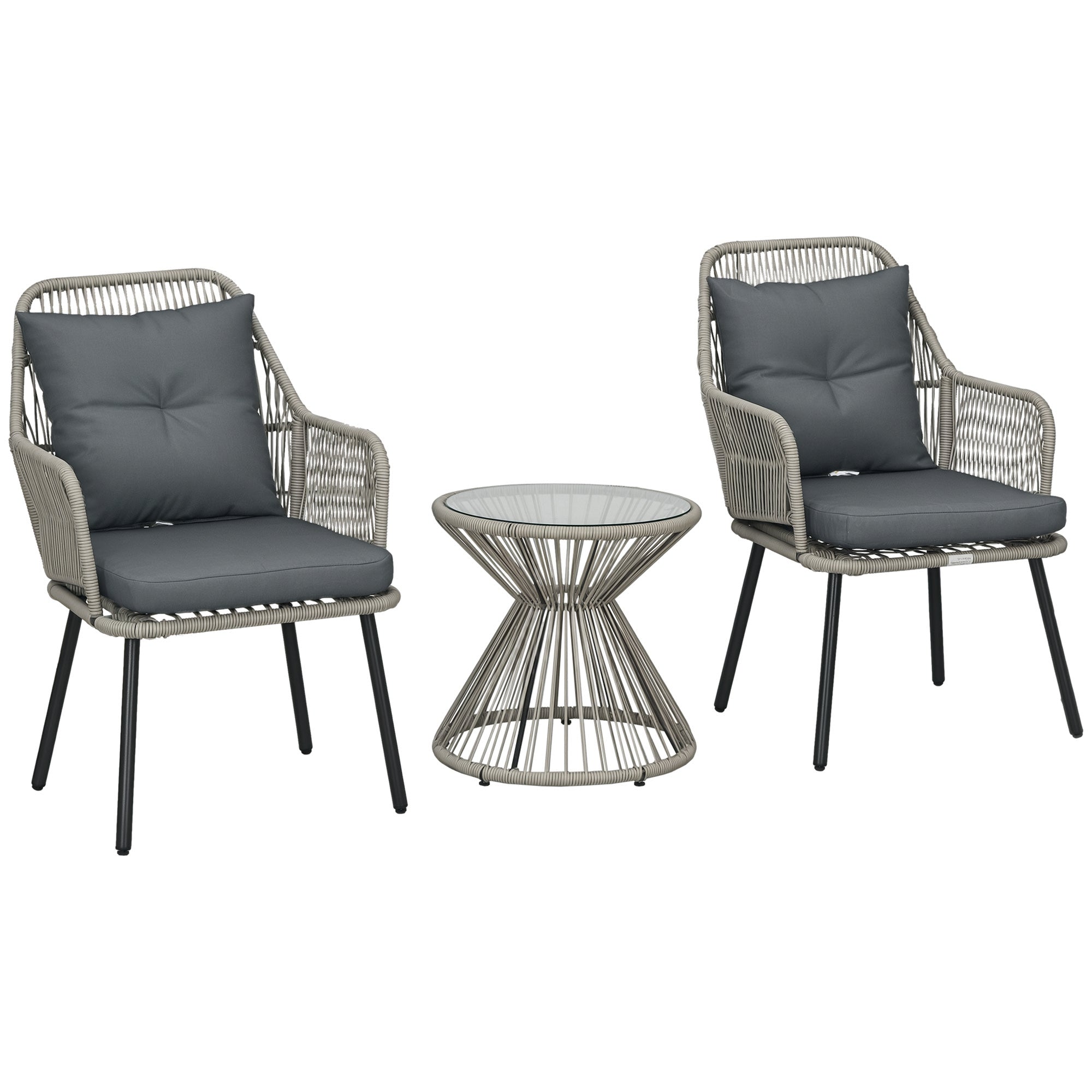Garden Bistro Set 3 Pieces Bistro Garden Set Steel Frame 2 Armchairs + 1 Round Coffee Table Grey Cushions Included