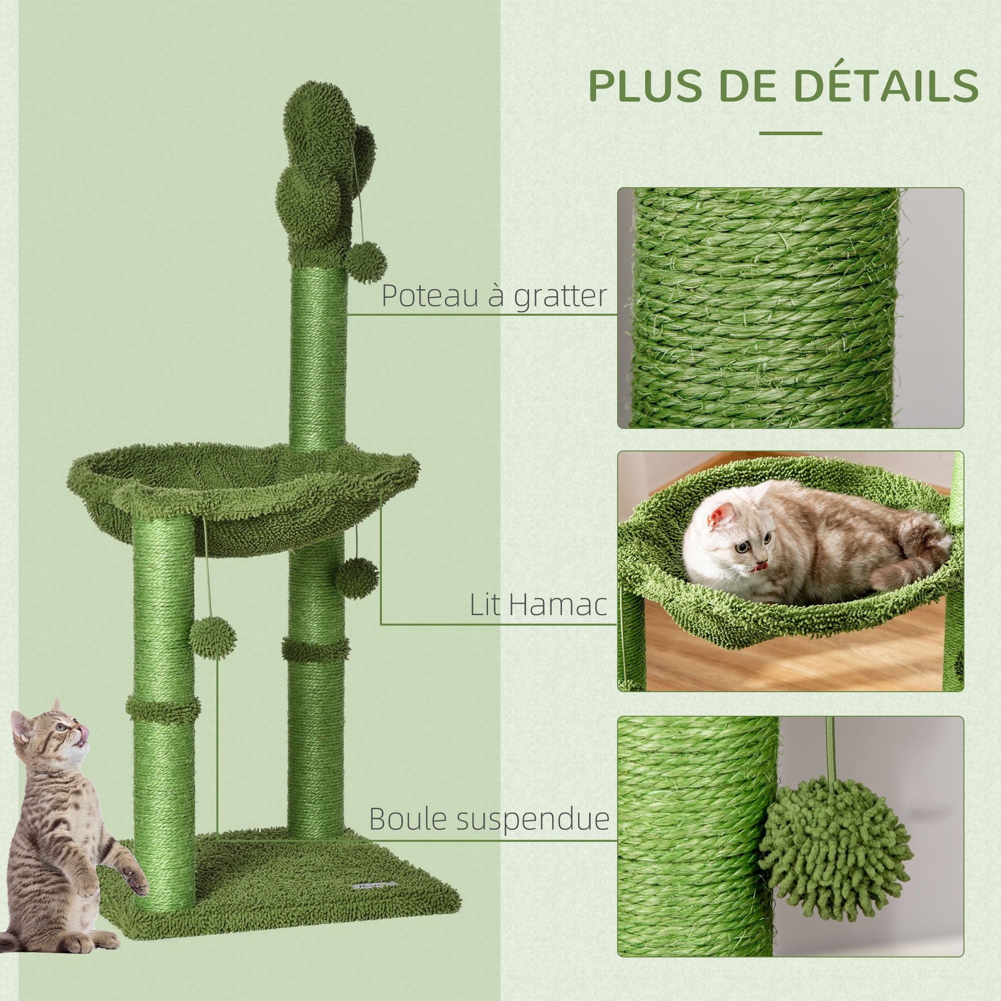 Cat Tree Scratching Post Cactus Shape with Natural Sisal Hammock and Dangling Pom-Pom - 40 x 40 x 96 cm Green