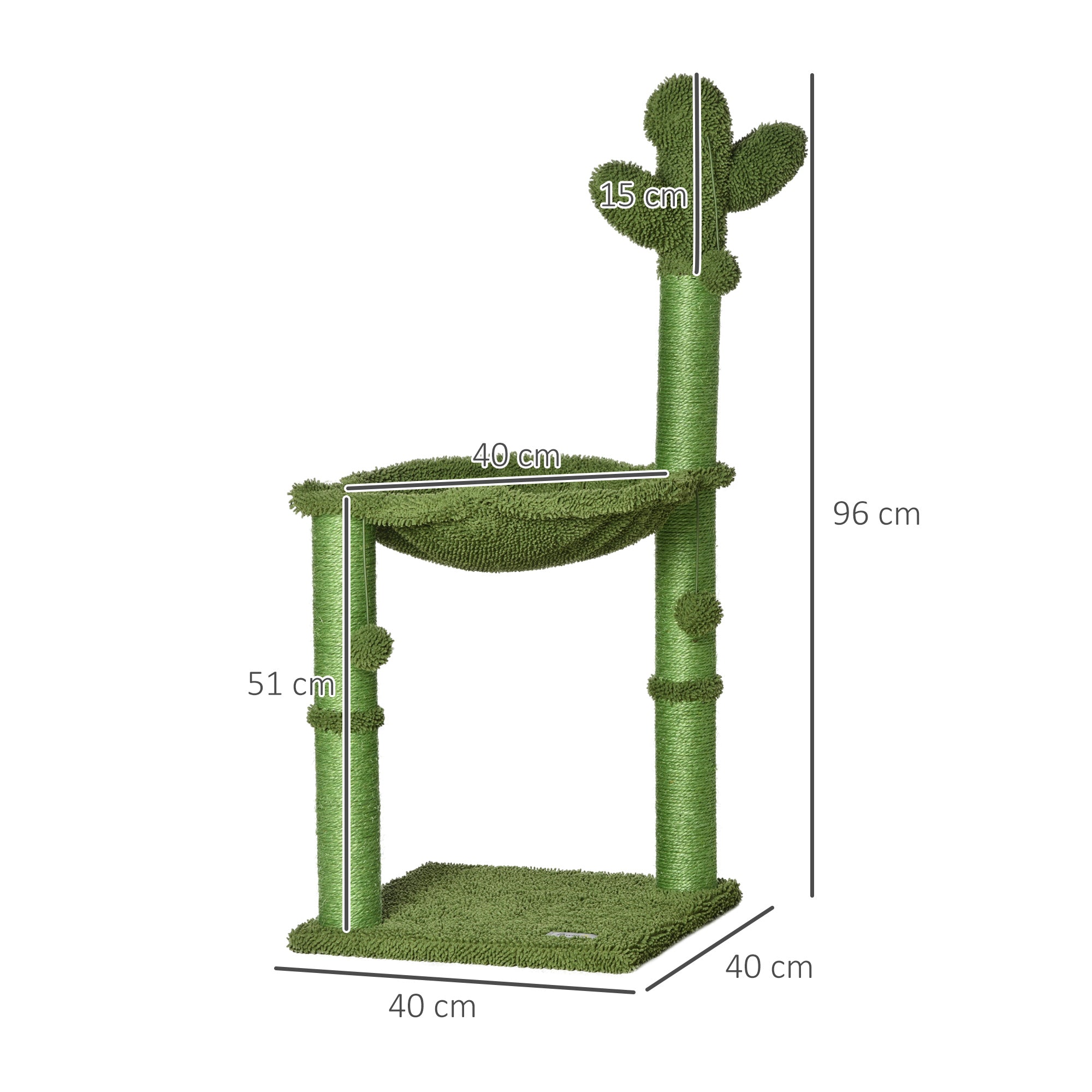 Cat Tree Scratching Post Cactus Shape with Natural Sisal Hammock and Dangling Pom-Pom - 40 x 40 x 96 cm Green