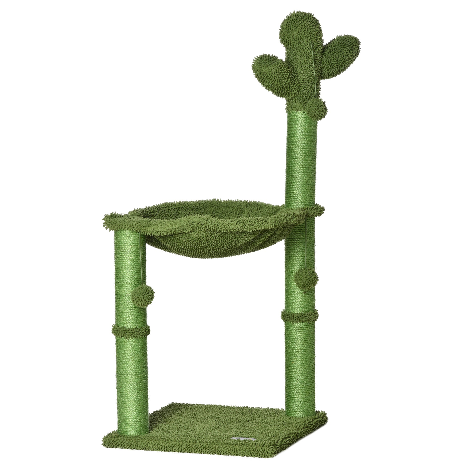 Cat Tree Scratching Post Cactus Shape with Natural Sisal Hammock and Dangling Pom-Pom - 40 x 40 x 96 cm Green