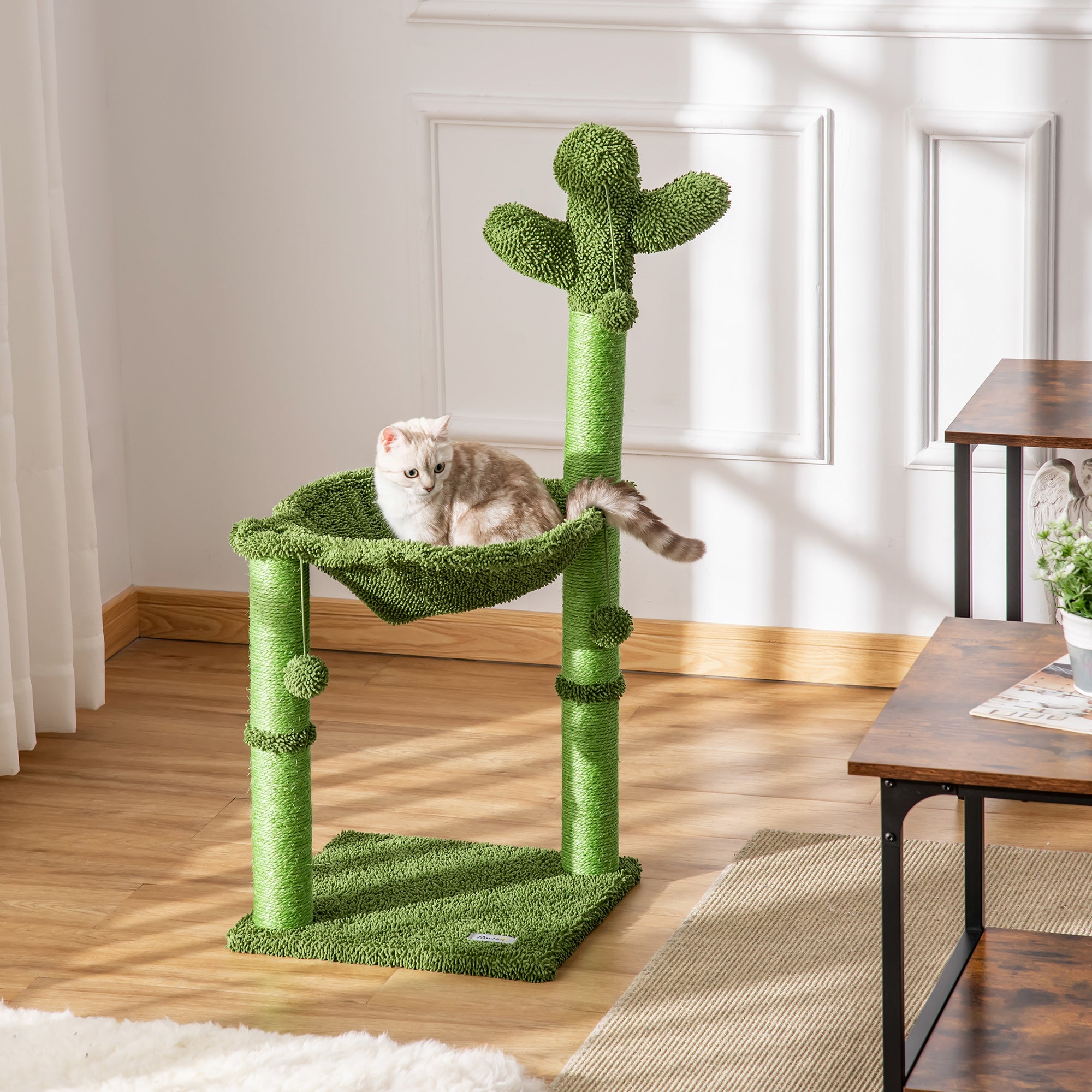 Cat Tree Scratching Post Cactus Shape with Natural Sisal Hammock and Dangling Pom-Pom - 40 x 40 x 96 cm Green