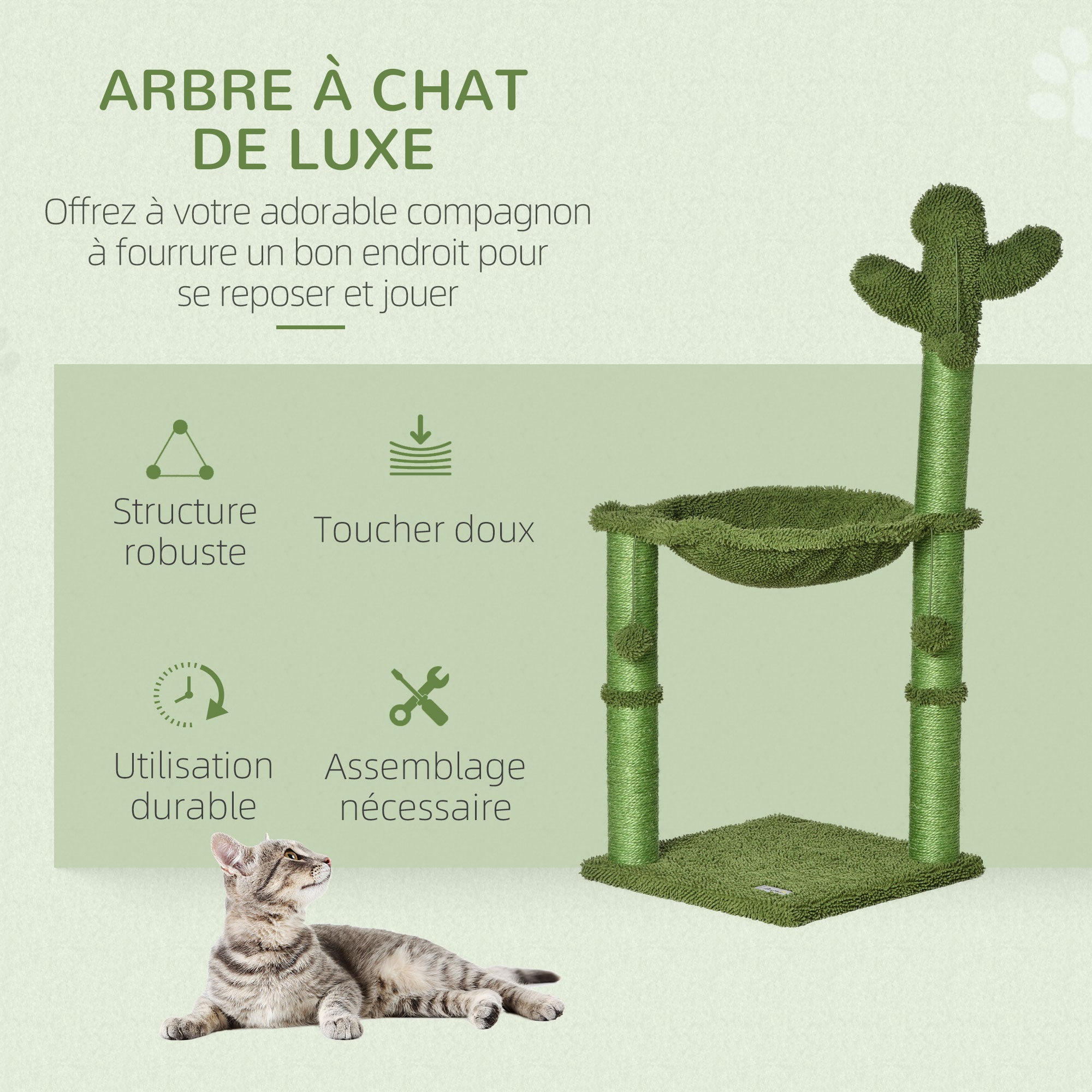Cat Tree Scratching Post Cactus Shape with Natural Sisal Hammock and Dangling Pom-Pom - 40 x 40 x 96 cm Green
