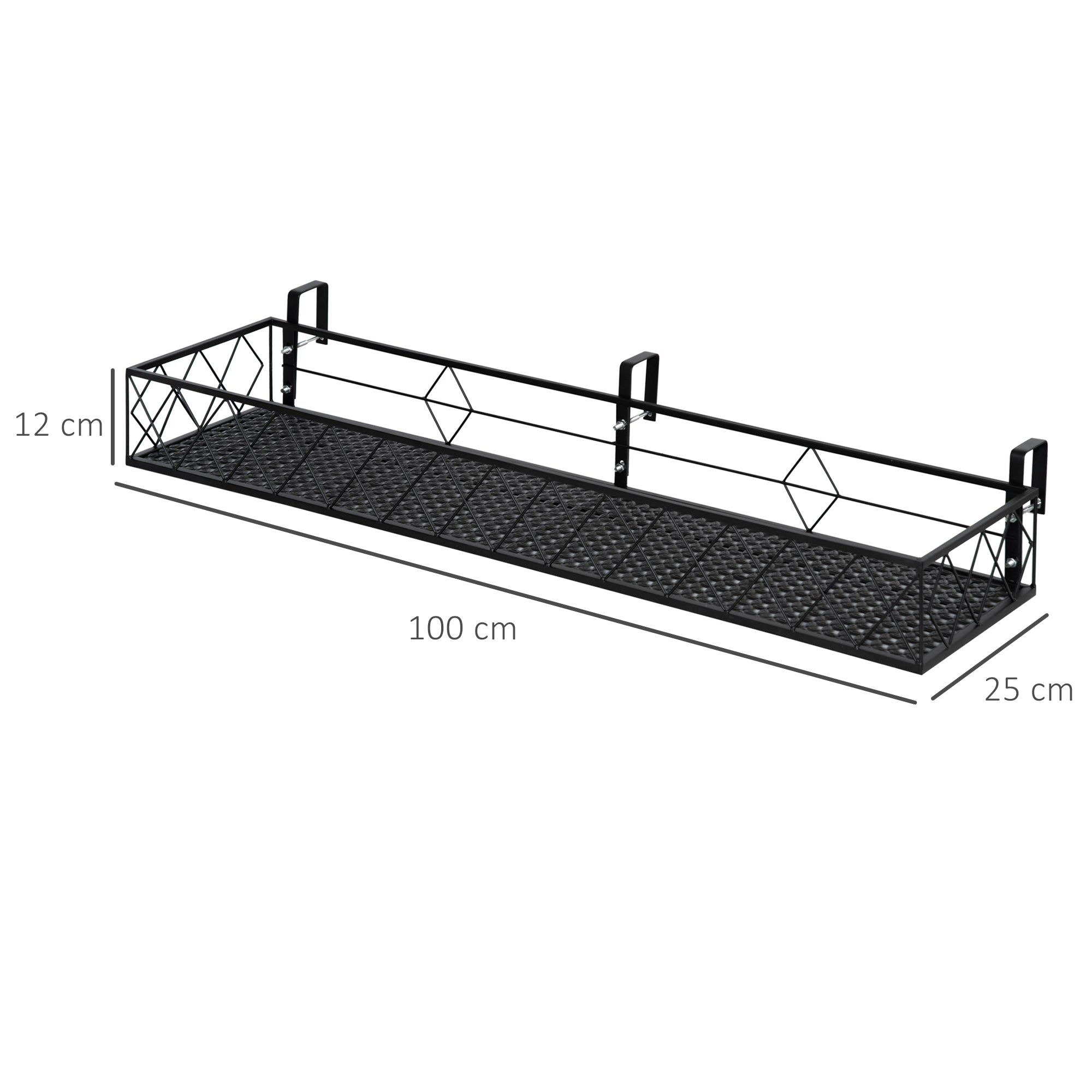 Outdoor Planter with Railing Hooks, Metal Balcony and Terrace Flower Pot Holder, Load Capacity Up to 20kg, 100x31x12cm, Black