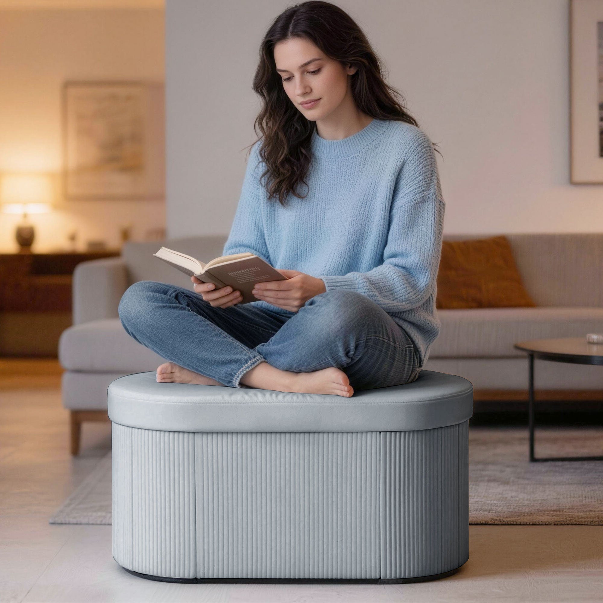 Velvet Storage Ottoman Bench, Foldable Storage Chest, 72 L (30 x 15 x 13.8 in), Velvet Upholstery, 265 lb Capacity, Stool for Living Room, Bedroom & Entryway — Dark Gray