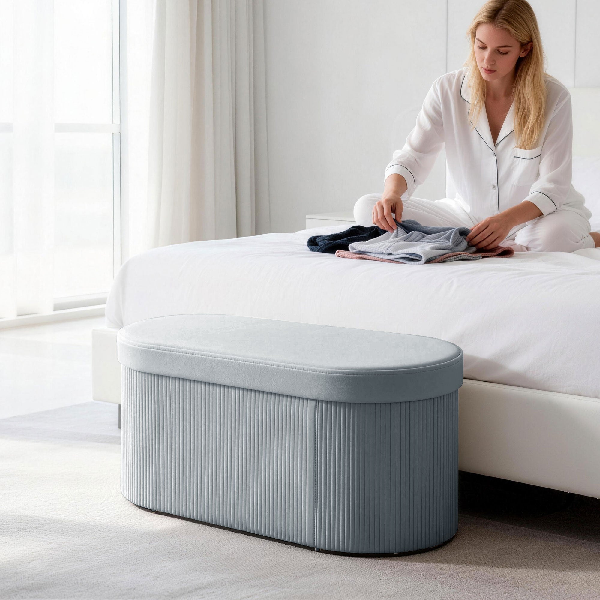 Velvet Storage Ottoman Bench, Foldable Storage Chest, 72 L (30 x 15 x 13.8 in), Velvet Upholstery, 265 lb Capacity, Stool for Living Room, Bedroom & Entryway — Dark Gray