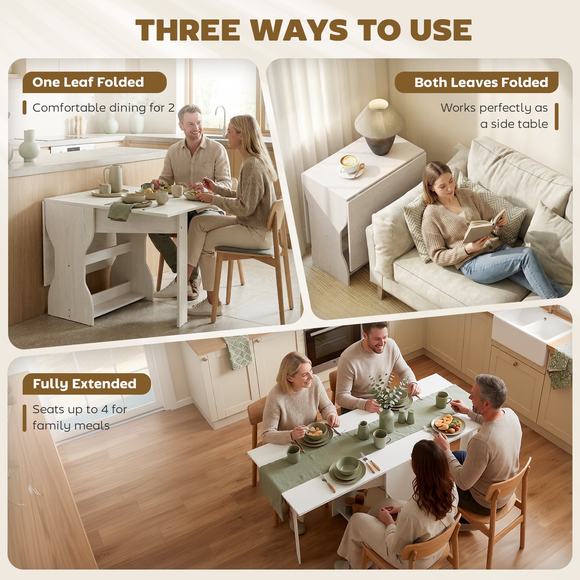 Folding Dining Table 63" — Space-Saving Console with Storage Shelf for Small Spaces, Modern Table for 4, White