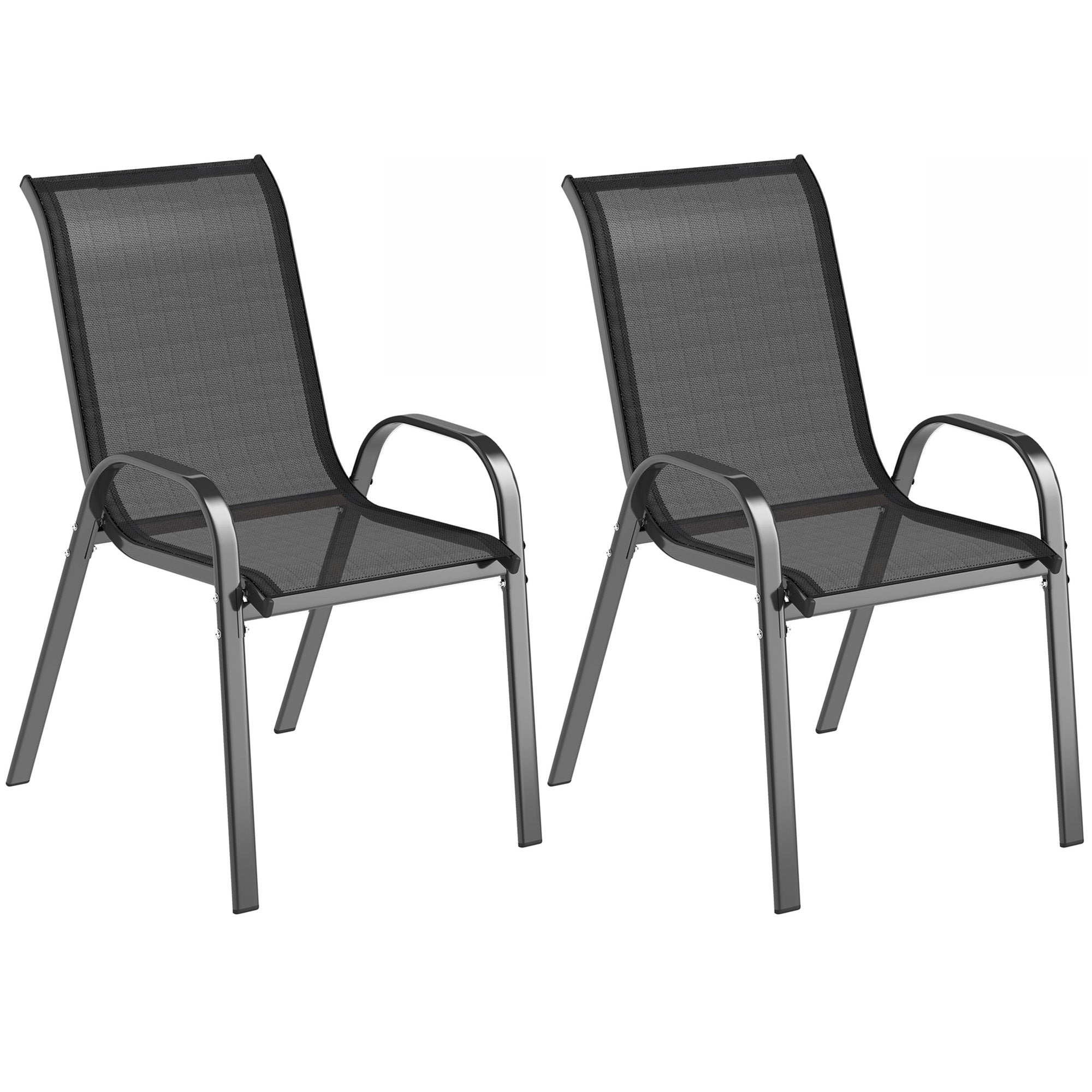 Set of 2 Stackable Outdoor Dining Chairs — Breathable Mesh, High Reclined Back, Powder-Coated Steel Frame, Black