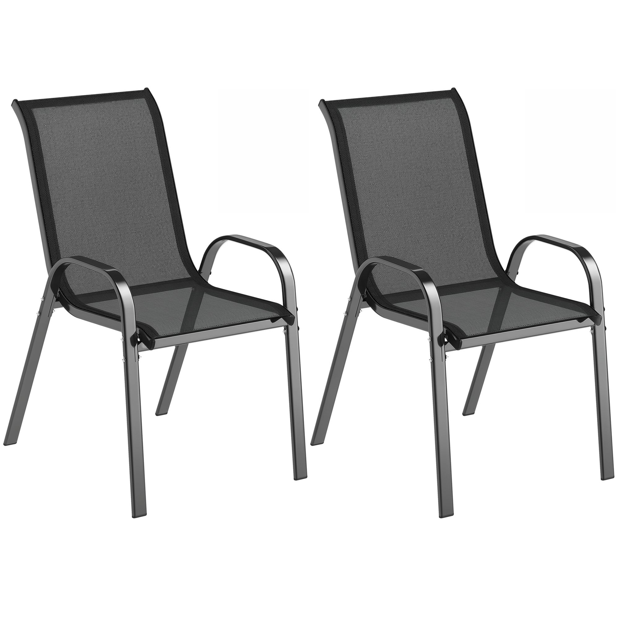 Set of 2 Stackable Outdoor Dining Chairs — Breathable Mesh, High Reclined Back, Powder-Coated Steel Frame, Black
