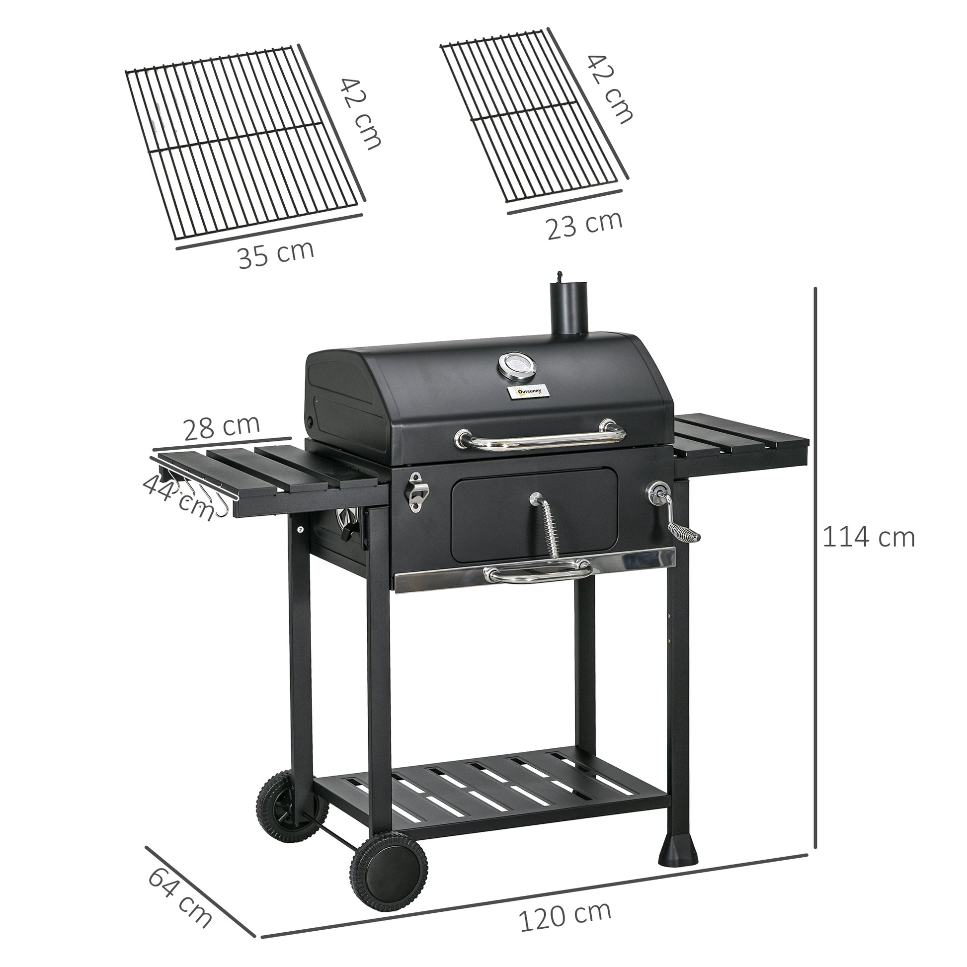 Charcoal Grill, Camping Grill with Two Grills, Folding Side Table, Grill Cart with Shelf, BBQ Handle, Stainless Steel, Black, 120 x 64 x 114 cm