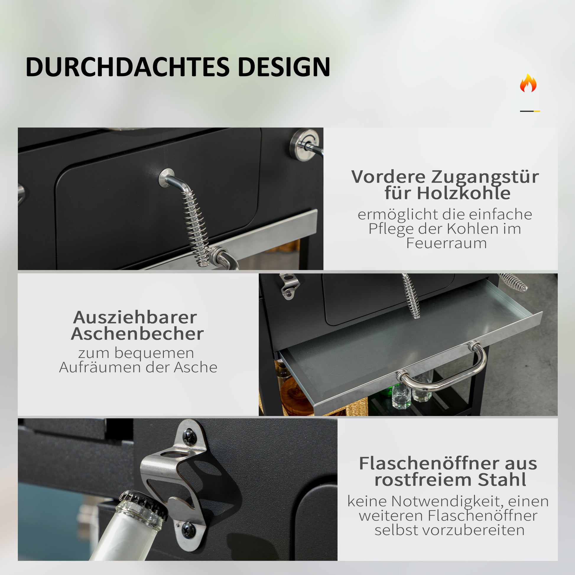 Charcoal Grill, Camping Grill with Two Grills, Folding Side Table, Grill Cart with Shelf, BBQ Handle, Stainless Steel, Black, 120 x 64 x 114 cm