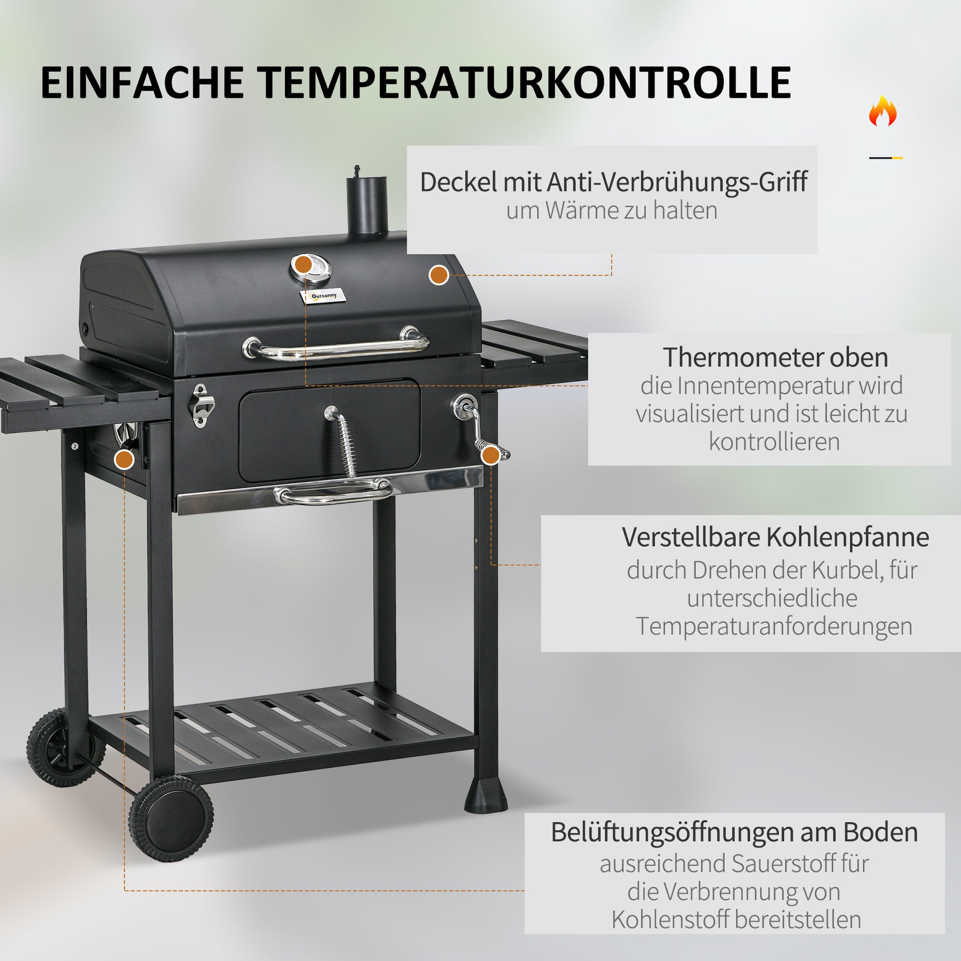 Charcoal Grill, Camping Grill with Two Grills, Folding Side Table, Grill Cart with Shelf, BBQ Handle, Stainless Steel, Black, 120 x 64 x 114 cm