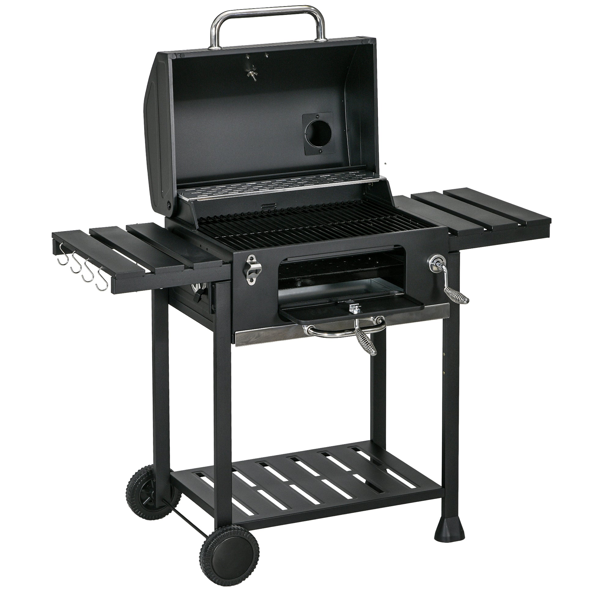 Charcoal Grill, Camping Grill with Two Grills, Folding Side Table, Grill Cart with Shelf, BBQ Handle, Stainless Steel, Black, 120 x 64 x 114 cm