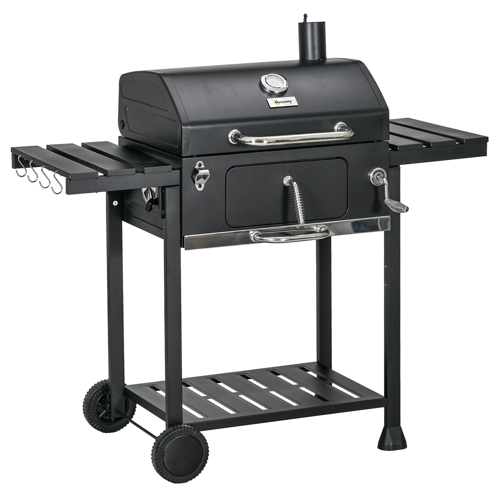 Charcoal Grill, Camping Grill with Two Grills, Folding Side Table, Grill Cart with Shelf, BBQ Handle, Stainless Steel, Black, 120 x 64 x 114 cm