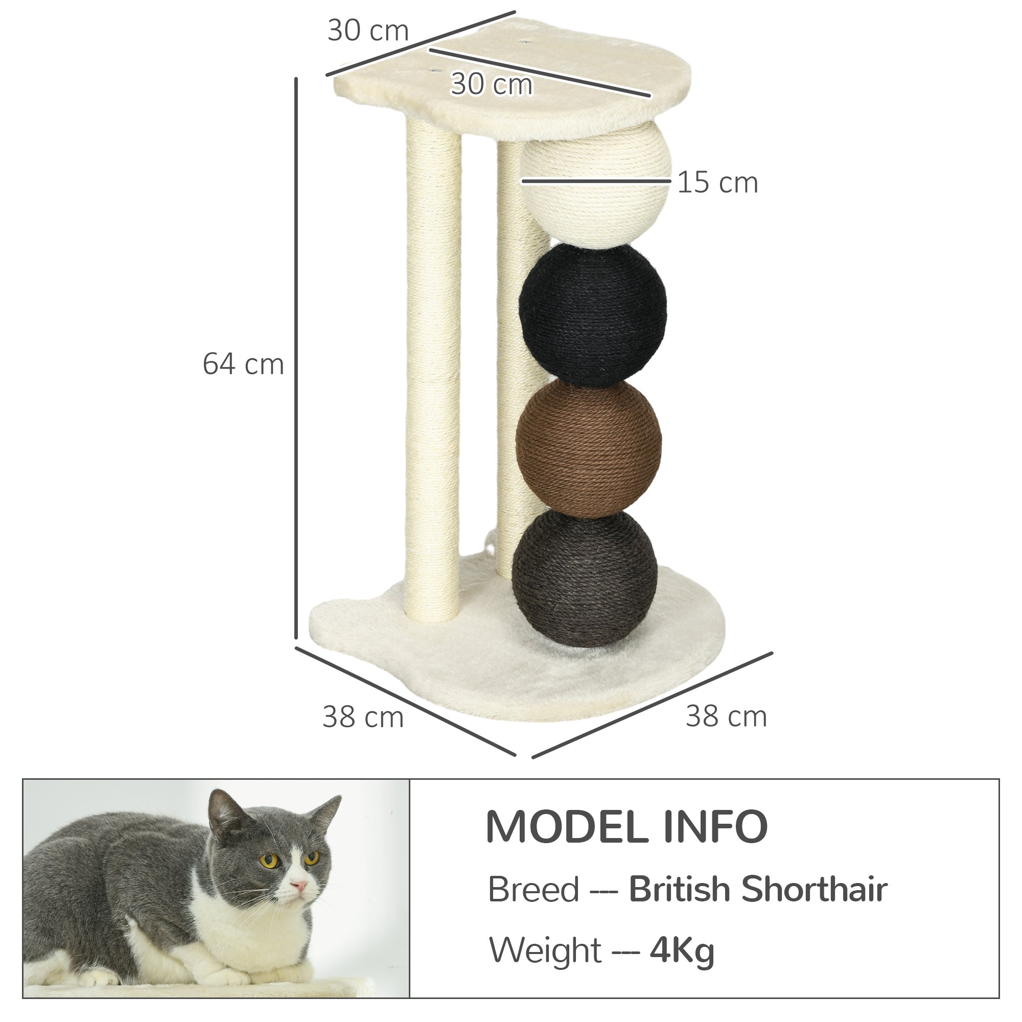 Scratching Post for Cats, Cat Scratching Tree with Platform, Scratching Post with 2 Sisal Posts and 4 Sisal Balls, Cat Scratcher Toy, 38 x 38 x 64 cm