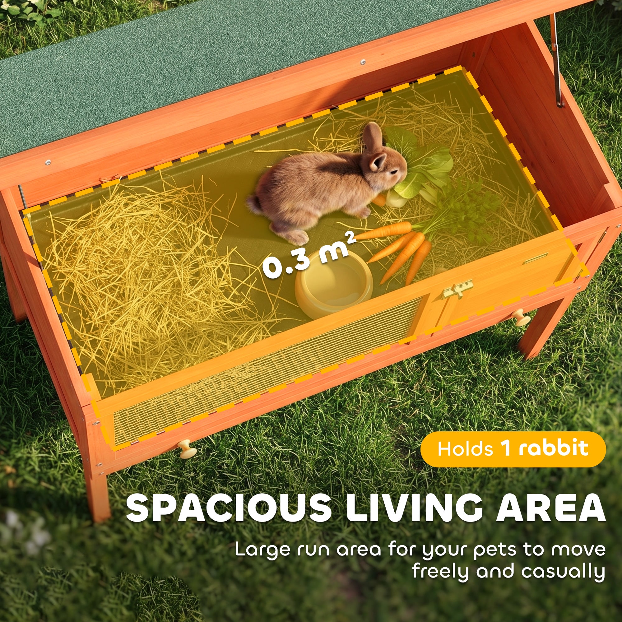Wooden Rabbit Hutch 90 x 45 x 65 cm (35.4 x 17.7 x 25.6 in) – Elevated Outdoor Small Animal Hutch with Hinged Asphalt Roof, Pull-Out Tray, Door & Galvanized Wire, Orange