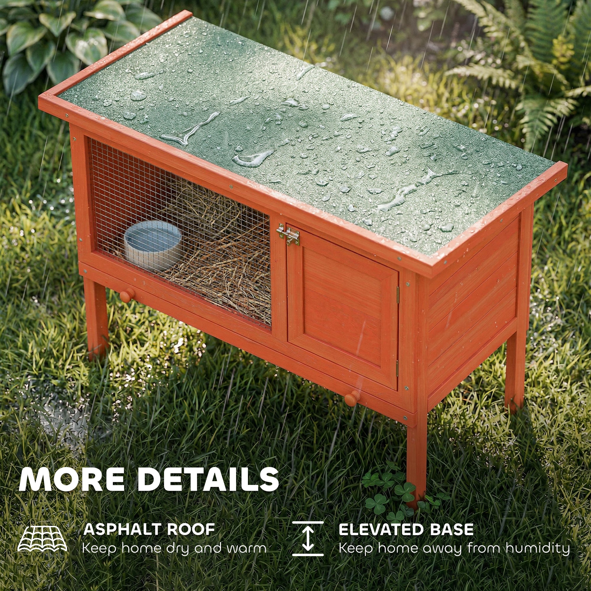 Wooden Rabbit Hutch 90 x 45 x 65 cm (35.4 x 17.7 x 25.6 in) – Elevated Outdoor Small Animal Hutch with Hinged Asphalt Roof, Pull-Out Tray, Door & Galvanized Wire, Orange