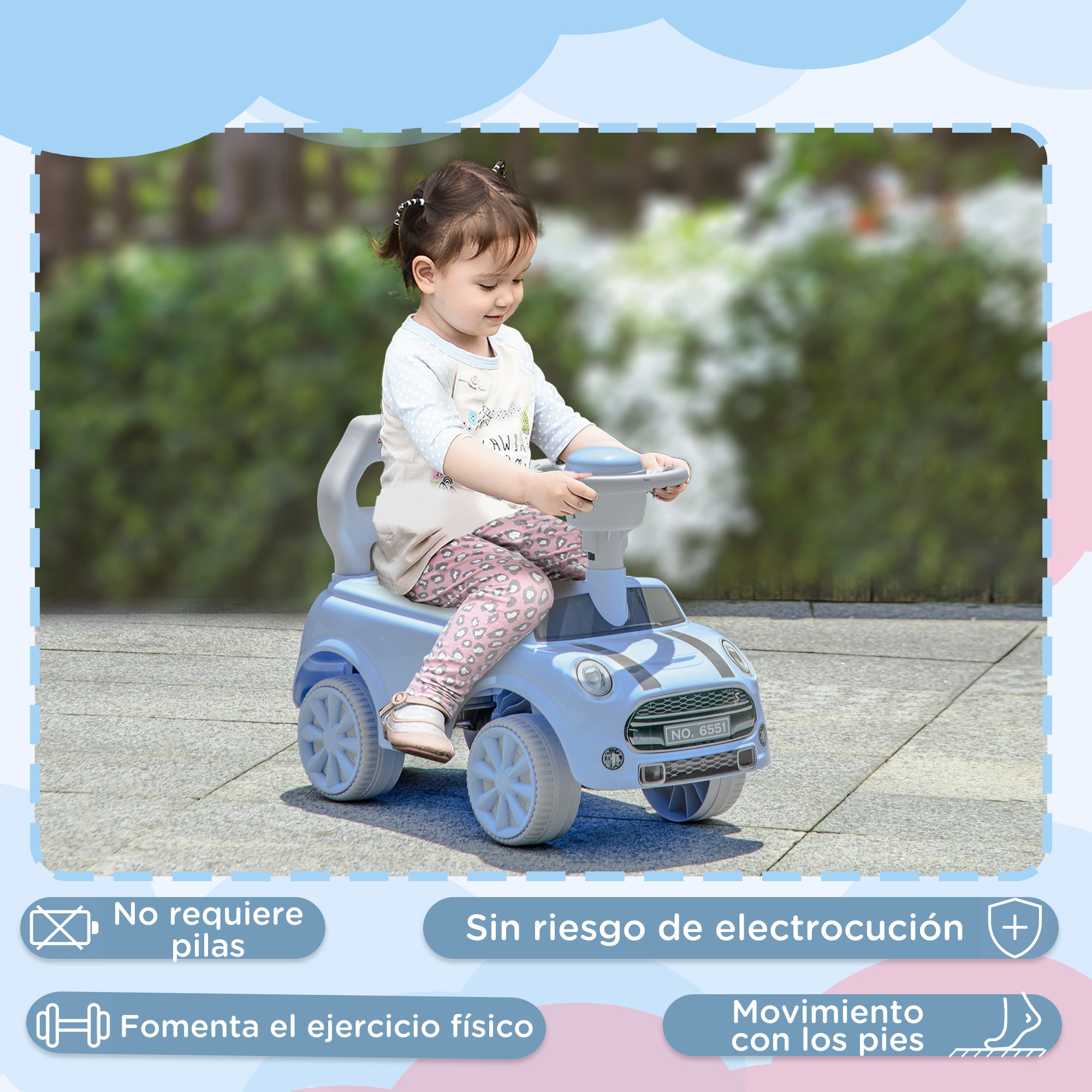 Baby Walker for 18 to 36 Months Babies Ride-on Car with Steering Wheel Horn and Anti-Tip System Load 25 kg 53x25x35 cm Light Blue