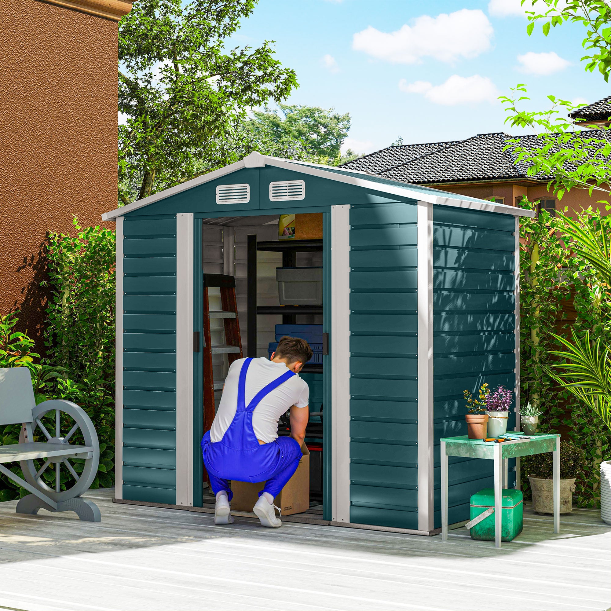 Garden Shed Outdoor 2.36m² 213x120x194 cm Exterior Garden Storage Shed with Reinforced Base (Floor NOT Included) Double Sliding Doors Padlock Windows Dark Green