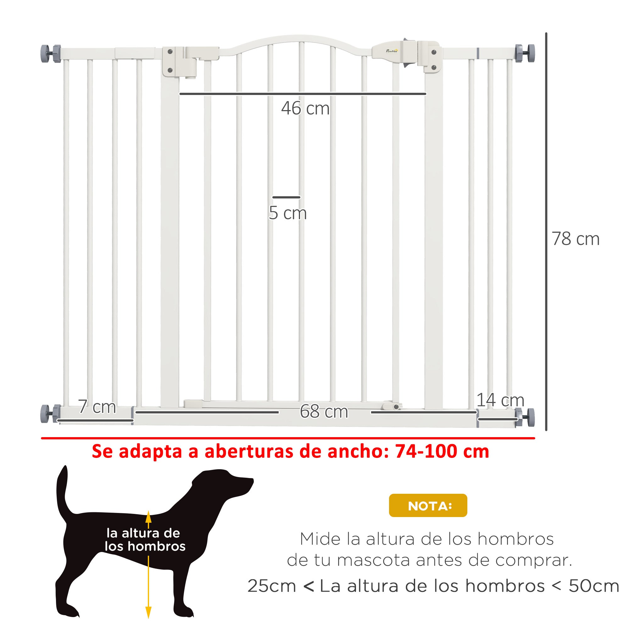 Extensible Dog Safety Gate 74-100 cm for Doors and Stairs Pet Security Gate with 2 Extensions 7/14 cm Pressure Mount and Double Lock White