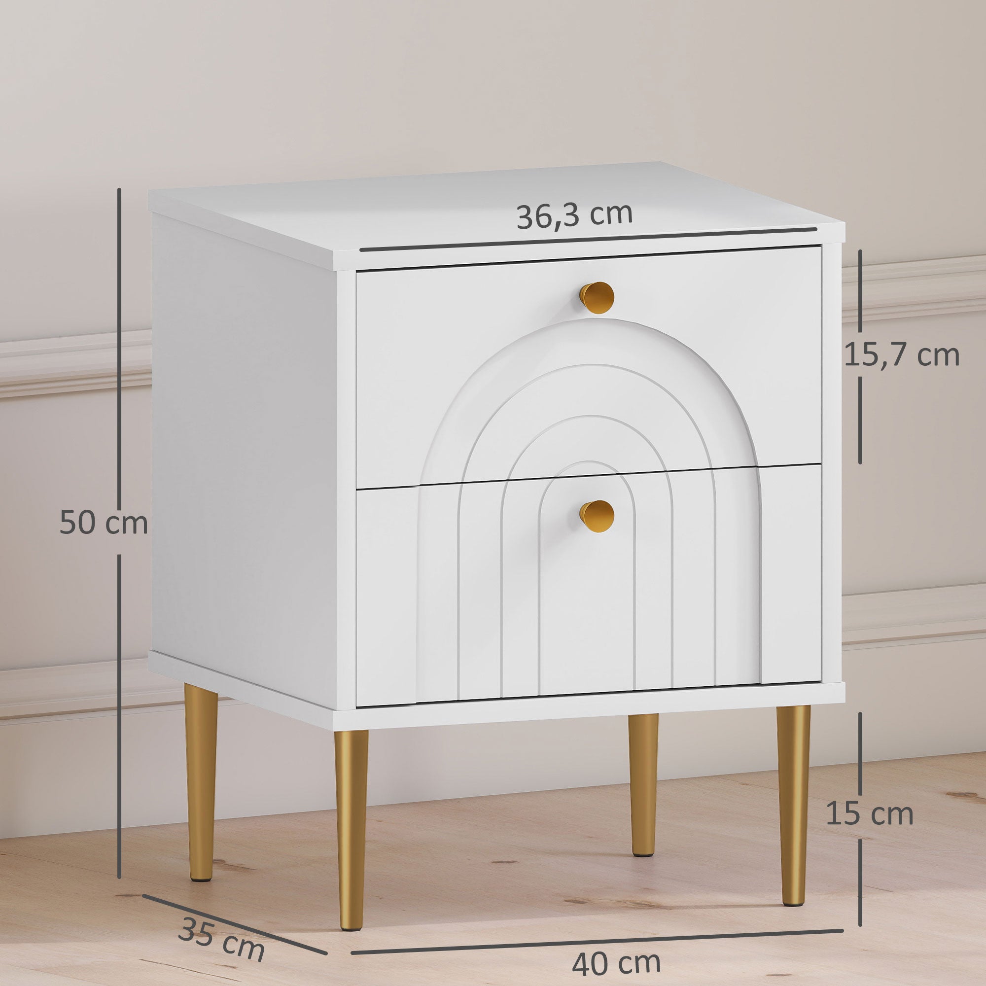 Pack of 2 Nightstands Bedside Tables with 2 Drawers and Steel Legs Modern Style 40x35x50 cm White