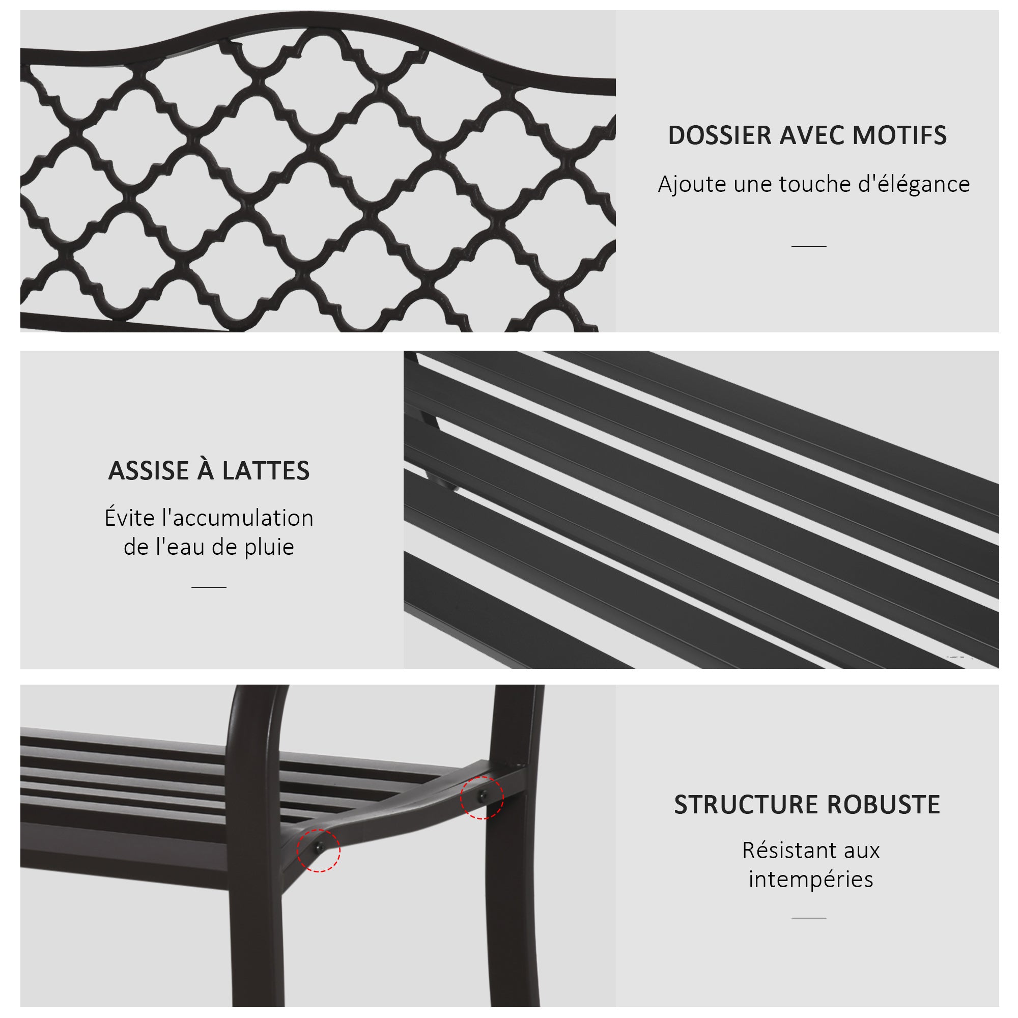 Rural Chic Style 3-Seater Garden Bench for Patio 128L x 60W x 89H cm Anti-Corrosion Epoxy Metal Cast Iron Brown