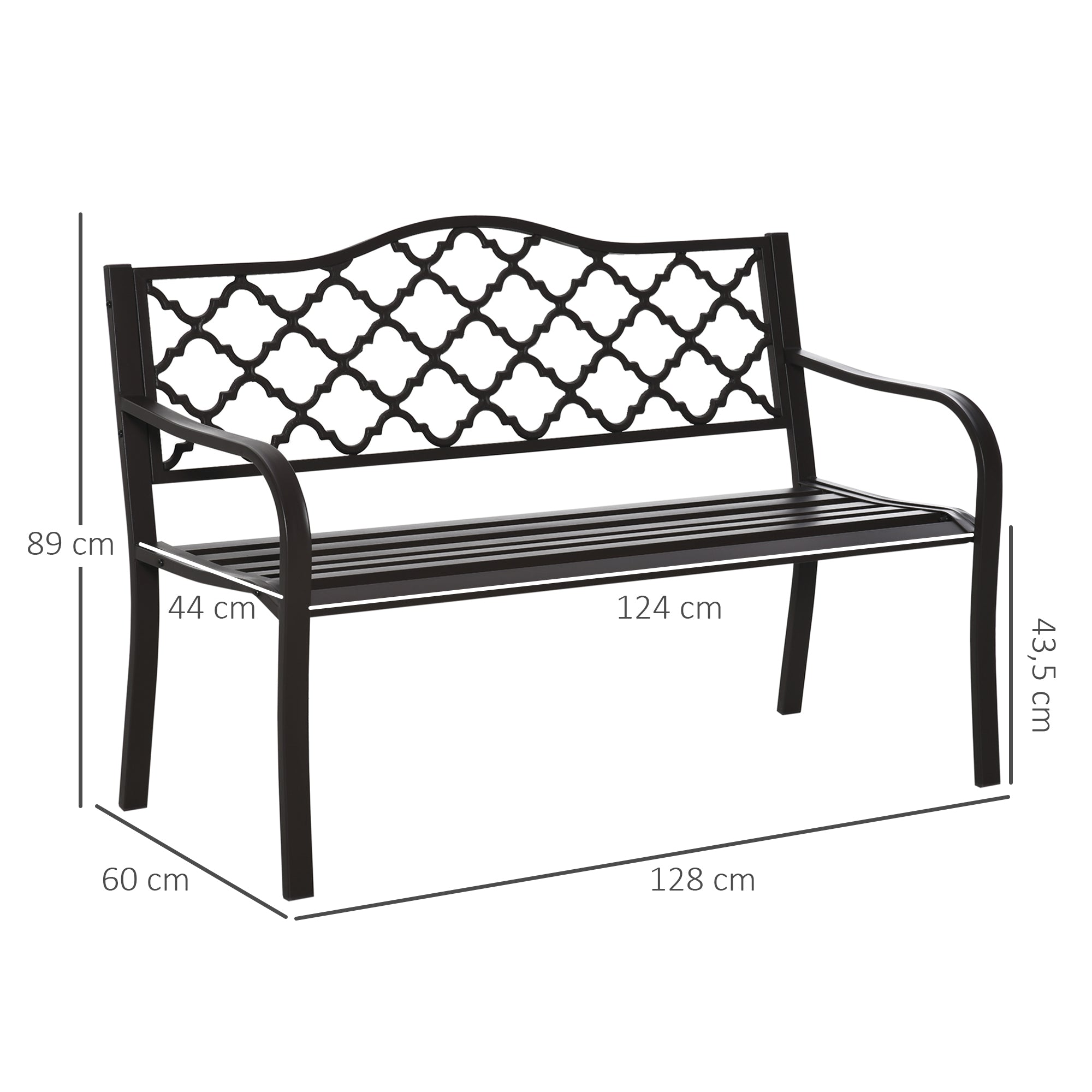 Rural Chic Style 3-Seater Garden Bench for Patio 128L x 60W x 89H cm Anti-Corrosion Epoxy Metal Cast Iron Brown