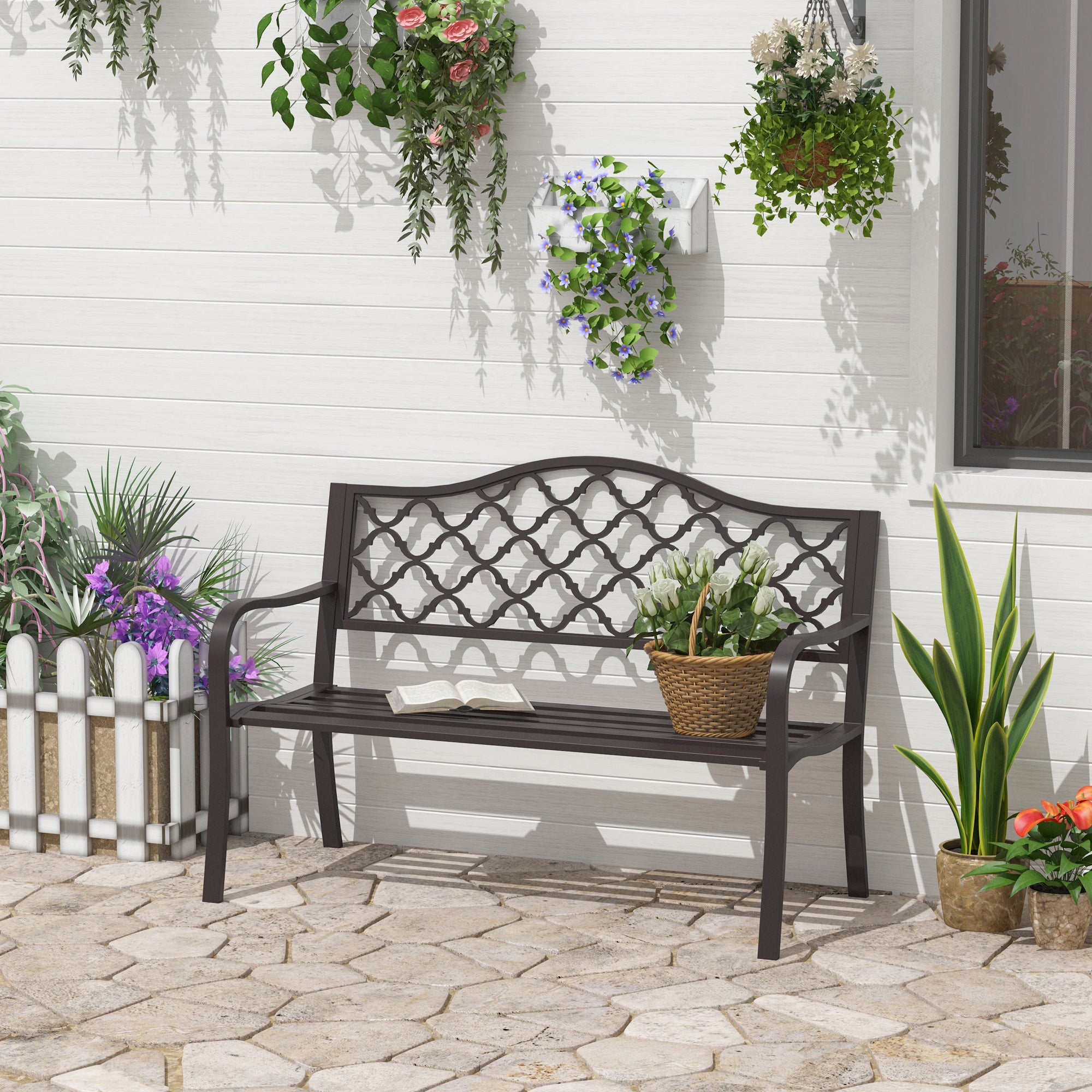 Rural Chic Style 3-Seater Garden Bench for Patio 128L x 60W x 89H cm Anti-Corrosion Epoxy Metal Cast Iron Brown