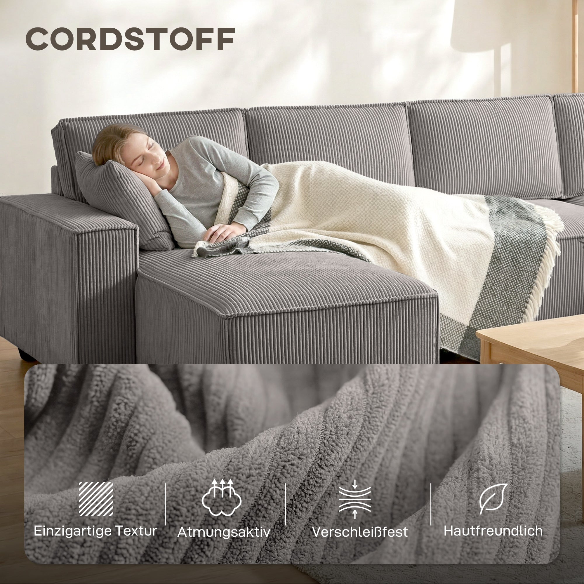 Corner Sectional 311 cm with Double Chaises, U-Shaped Corduroy Sofa with Wide Deep Seats, Pocket Spring Cushions, Wide Armrests, 4-Seater Living Room Sofa, Light Gray