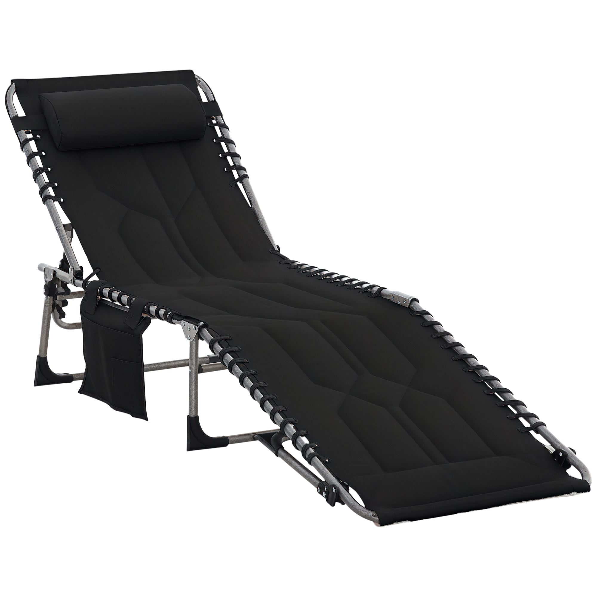 Sun Lounger, Foldable Garden Lounger with Head Pillow, Side Pocket, Recliner with 5-Position Adjustable Backrest, Weatherproof Camping Lounger up to 130 kg load capacity, for Garden Beach Pool, Black