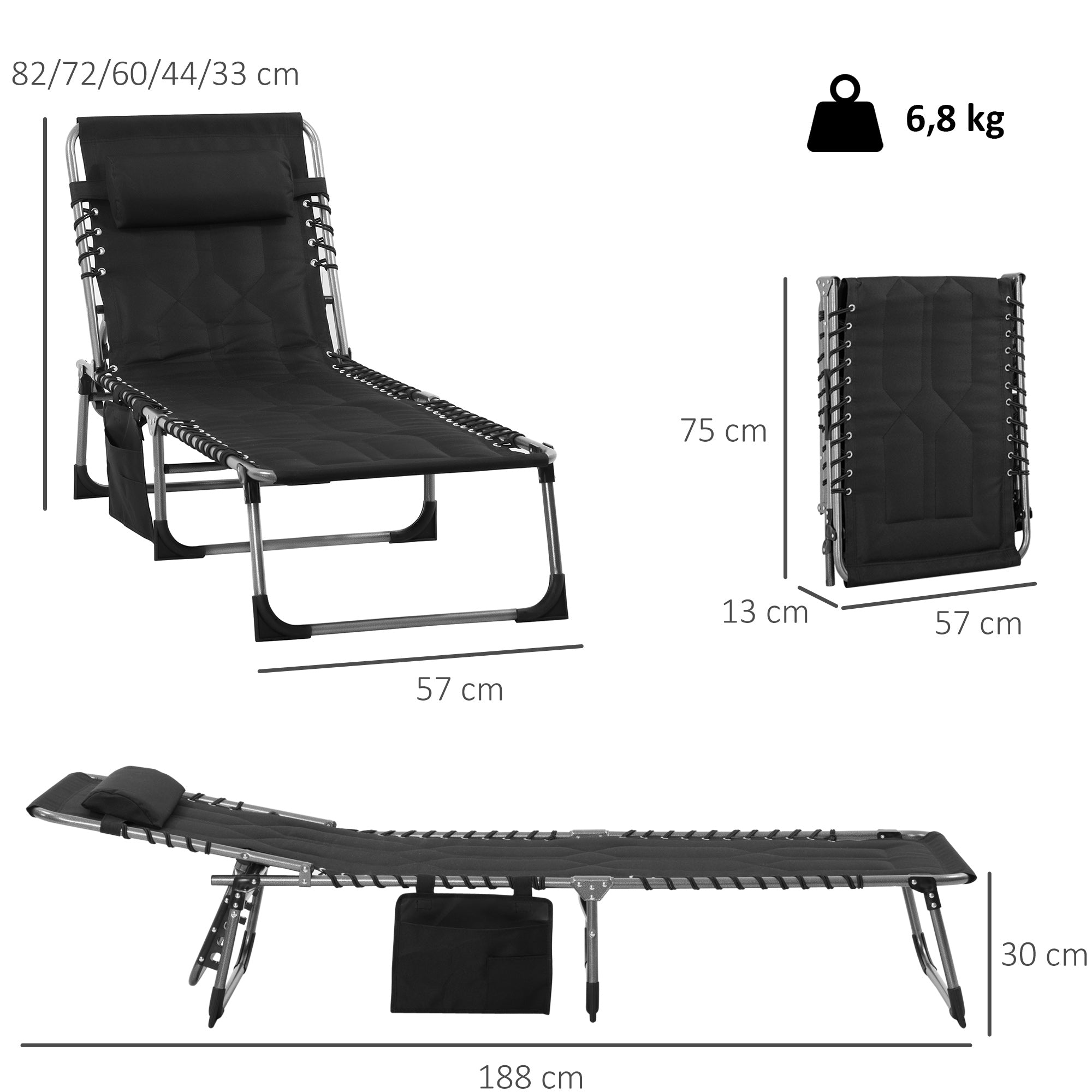Sun Lounger, Foldable Garden Lounger with Head Pillow, Side Pocket, Recliner with 5-Position Adjustable Backrest, Weatherproof Camping Lounger up to 130 kg load capacity, for Garden Beach Pool, Black