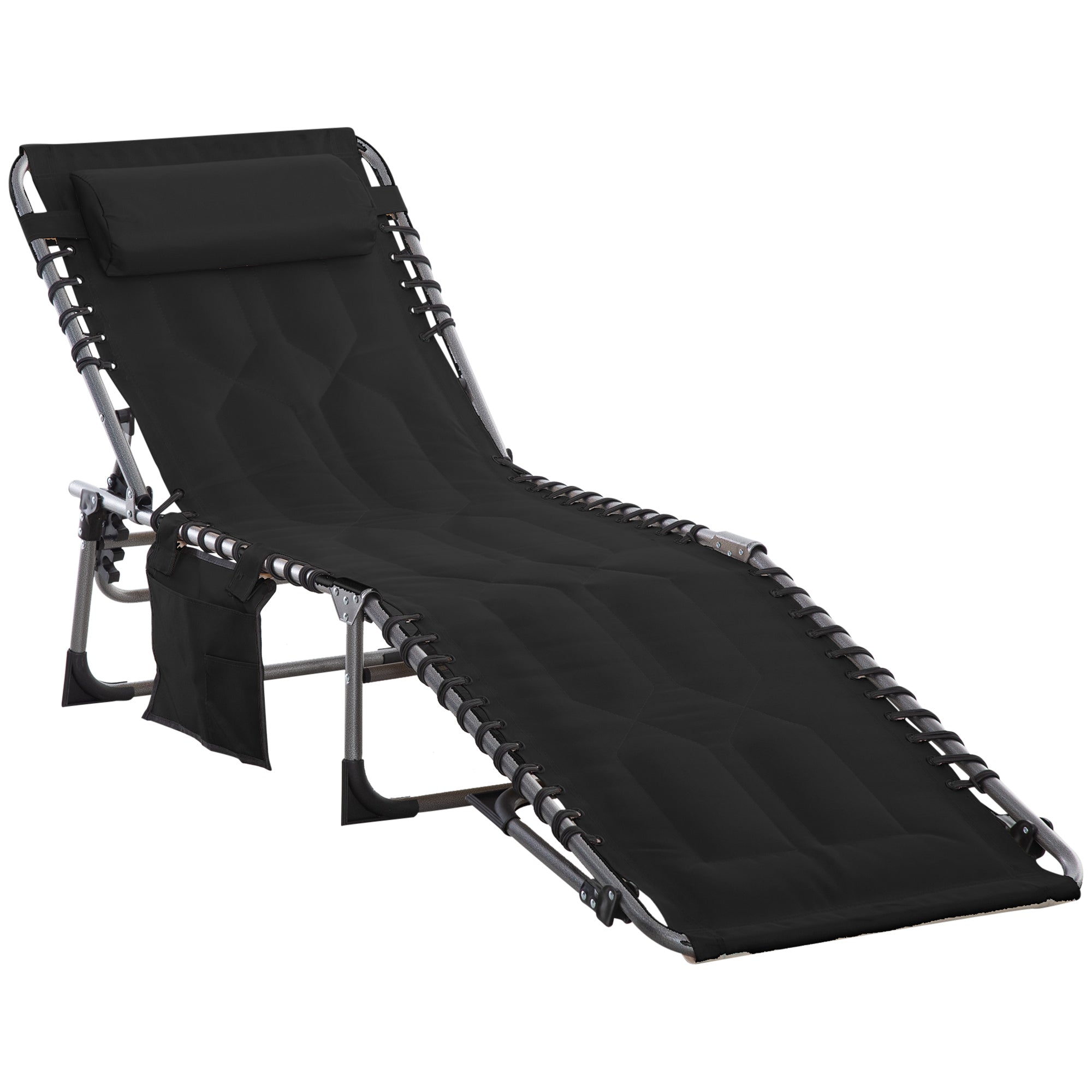 Sun Lounger, Foldable Garden Lounger with Head Pillow, Side Pocket, Recliner with 5-Position Adjustable Backrest, Weatherproof Camping Lounger up to 130 kg load capacity, for Garden Beach Pool, Black