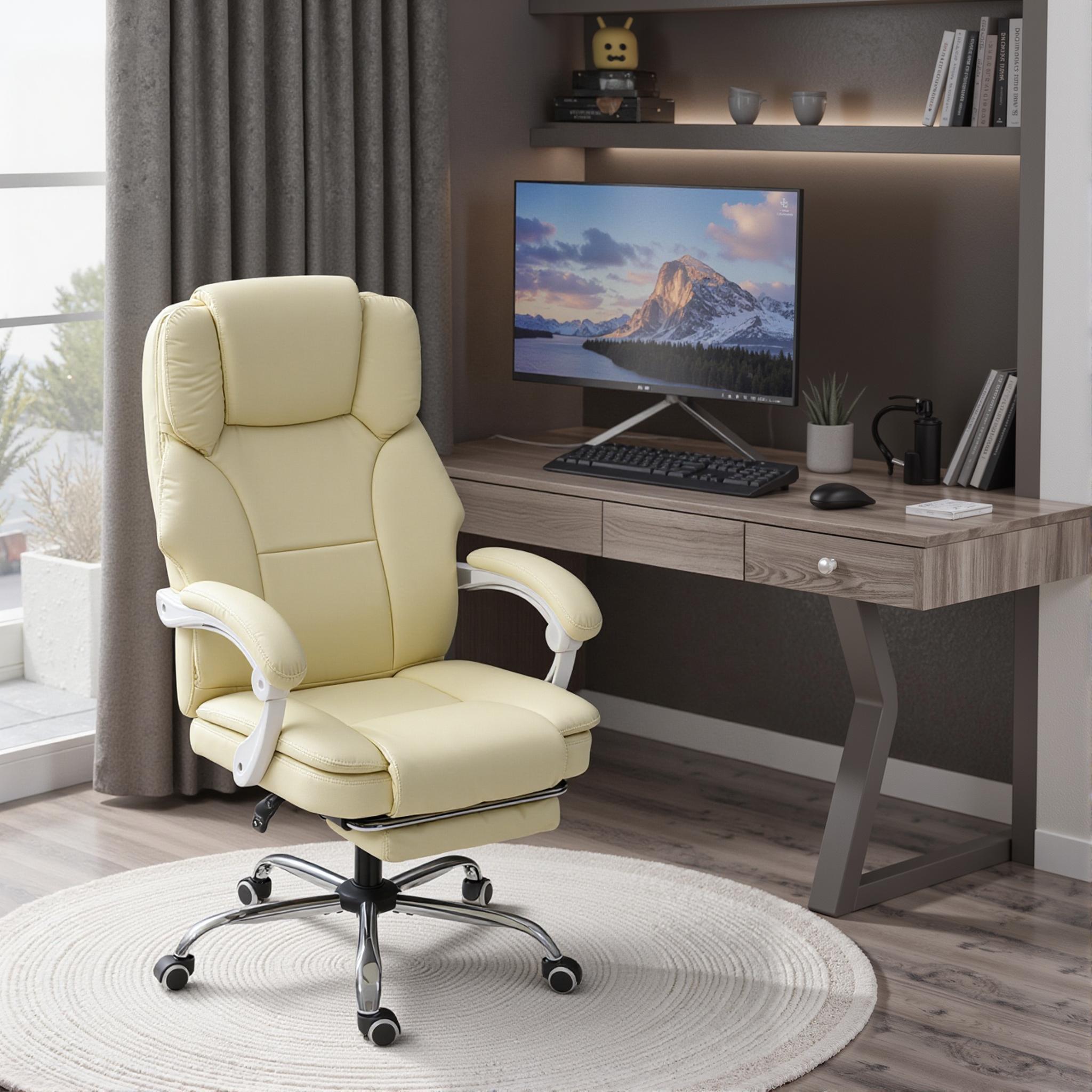 Ergonomic Office Chair — Reclining Back, Height Adjustable, Footrest, 360° Swivel, Pocket Springs, Pet-Friendly Faux Leather, Beige