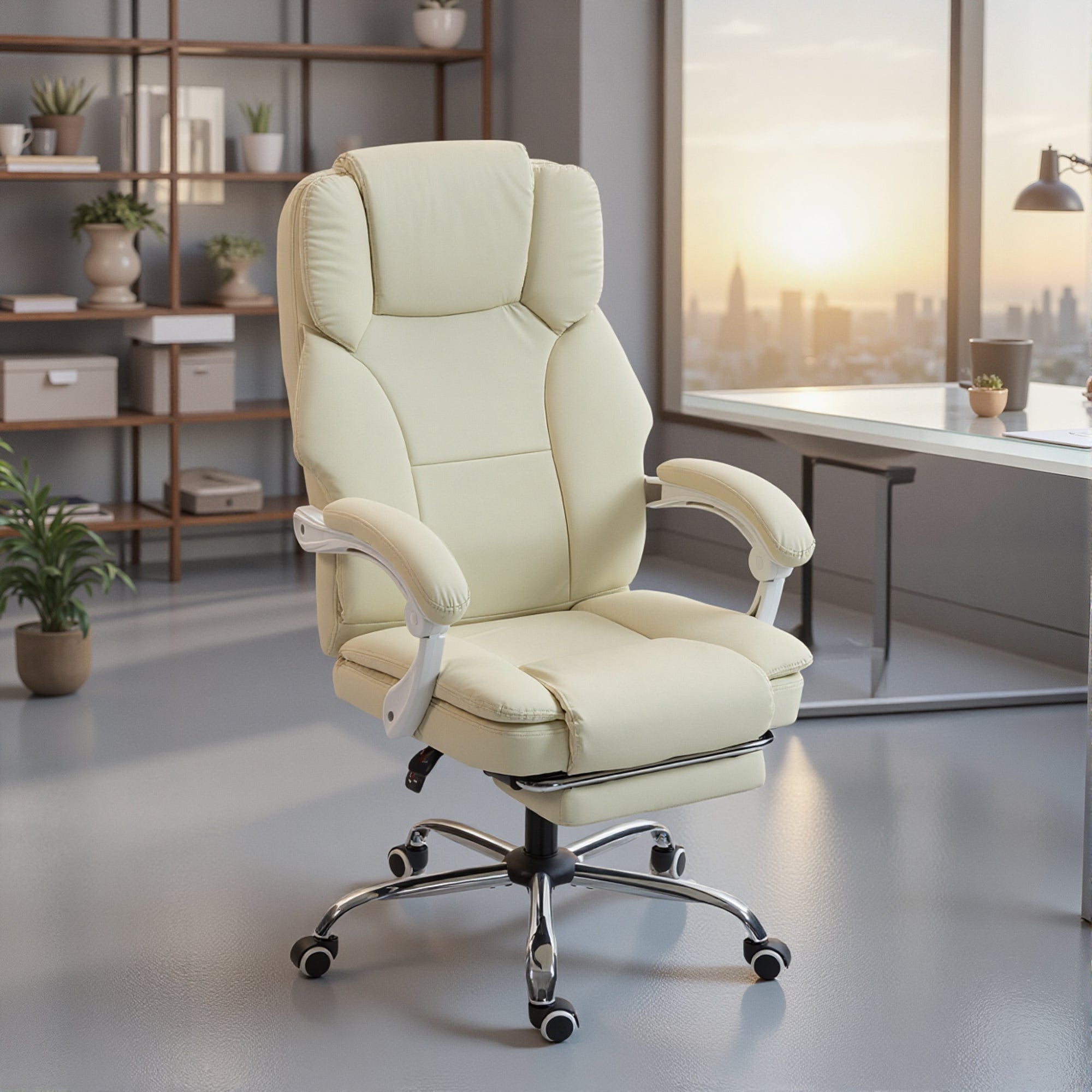 Ergonomic Office Chair — Reclining Back, Height Adjustable, Footrest, 360° Swivel, Pocket Springs, Pet-Friendly Faux Leather, Beige