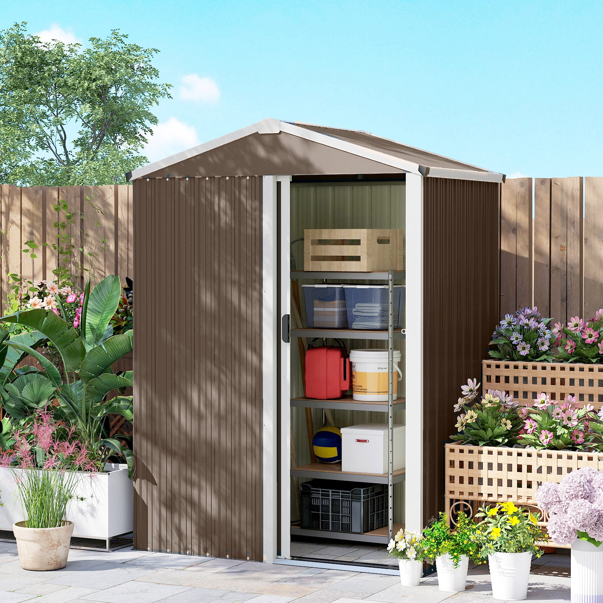 Metal Garden Shed — 1.18 m² (136 × 87 × 179 cm) Sliding Door, Sloped Roof, Gloves Included, Brown