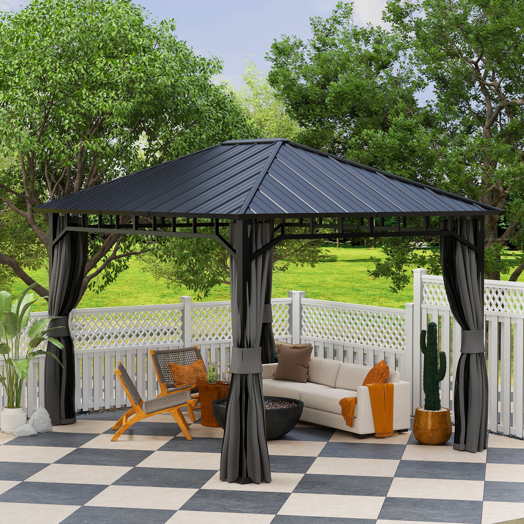 Pavilion 4x3 m Waterproof Stable Winterproof Garden Pavilion with Side Panels, Water Channels, Mosquito Net, Hooks Garden Pavilion made of galvanized metal, Party tent for garden, terrace, Dark Gray