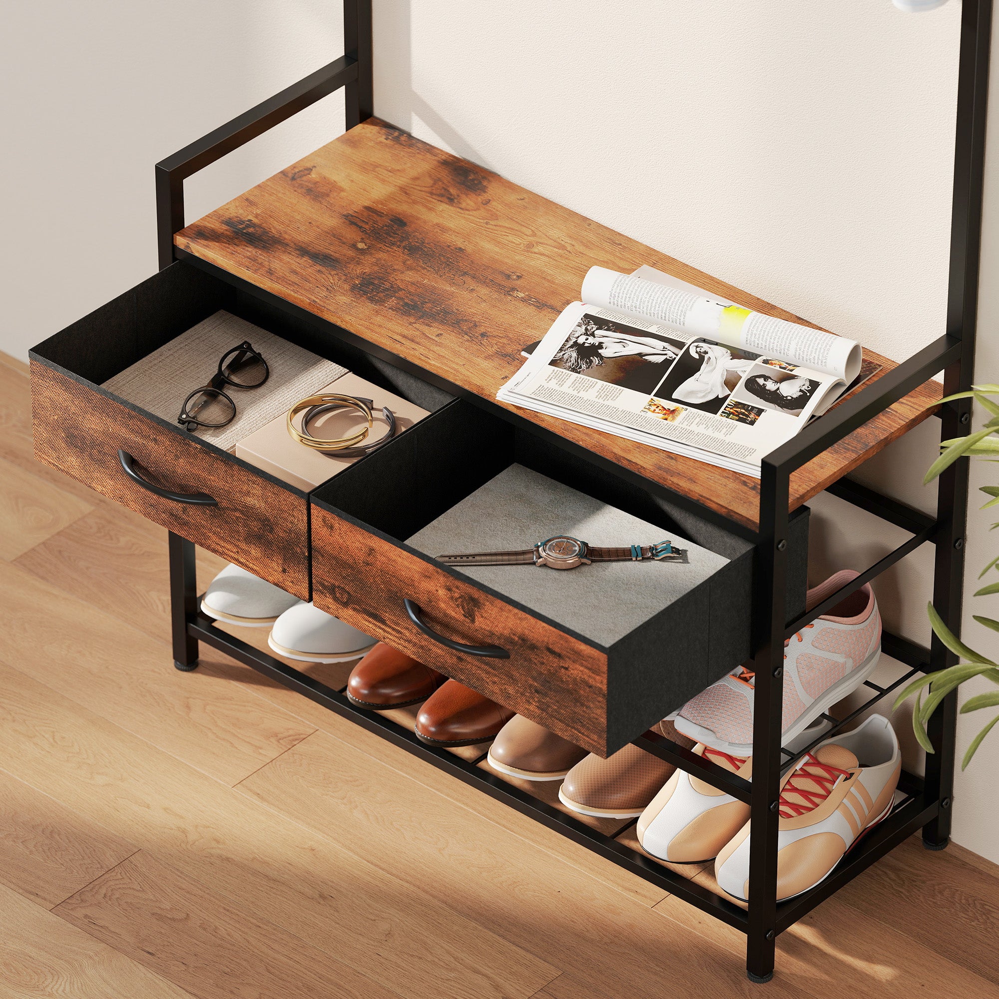 5-in-1 Hall Tree with Shoe Bench & Organizer, Industrial Steel Frame, Rustic Brown