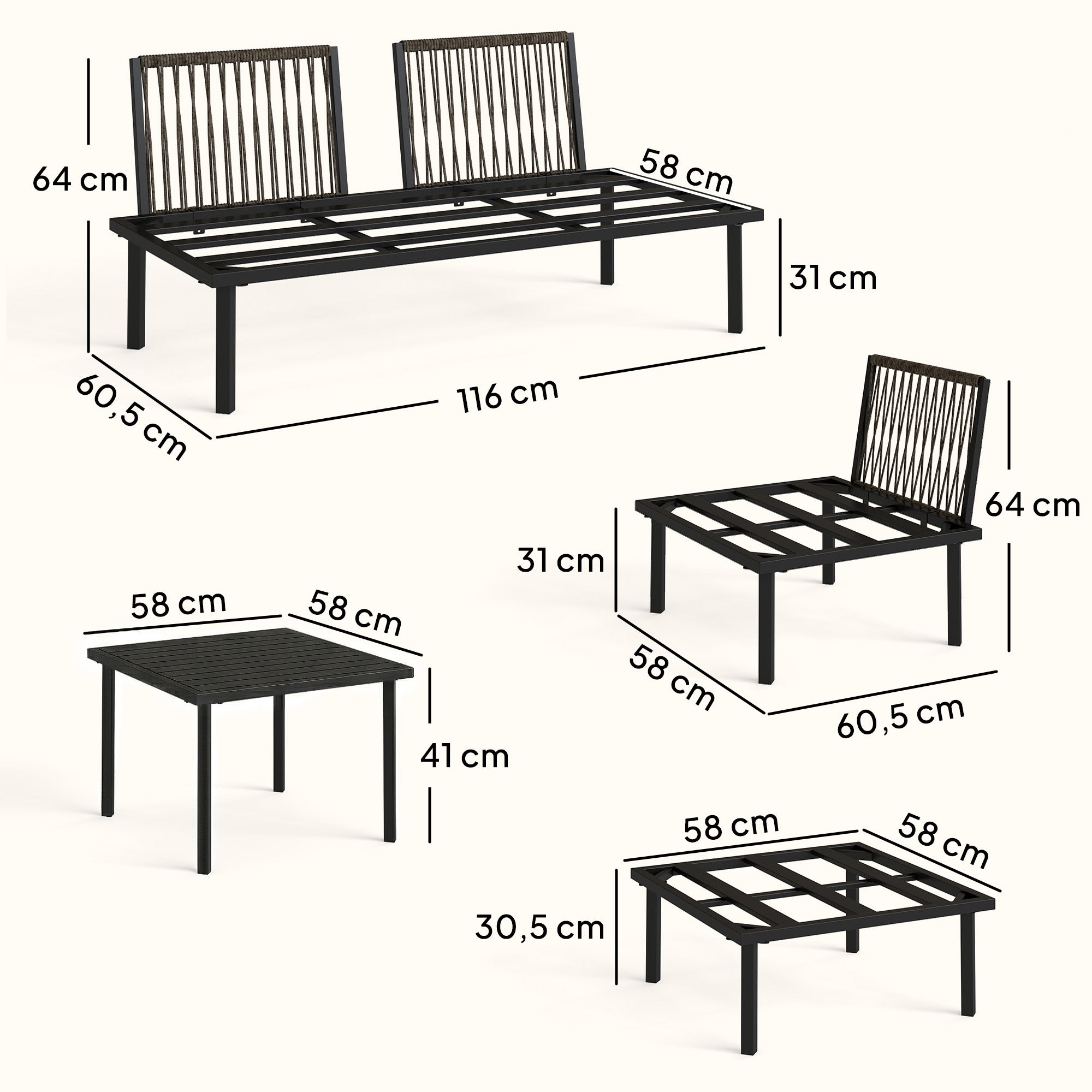 6-Piece Outdoor Lounge Set for 5–6 People — 2-Seat Sofa, Corner Chair, 2 Armless Chairs, Ottoman & Slatted Metal Coffee Table — Thick Cushions, Light Gray