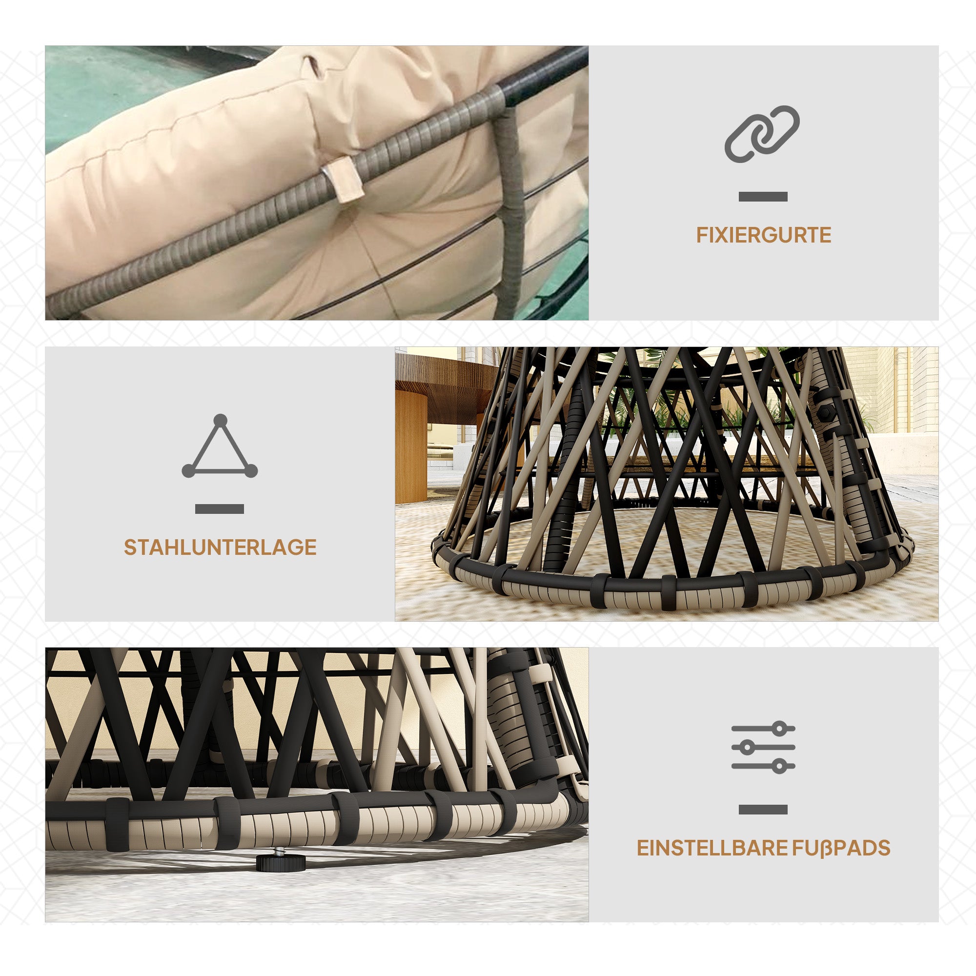 Papasan Chair Rattan 360° Swivel Basket Chair with Cushion Diameter 90 cm Round Outdoor Rattan Chair Swivel Lounge Chair Reclining Chair for Living Room Garden Balcony Beige