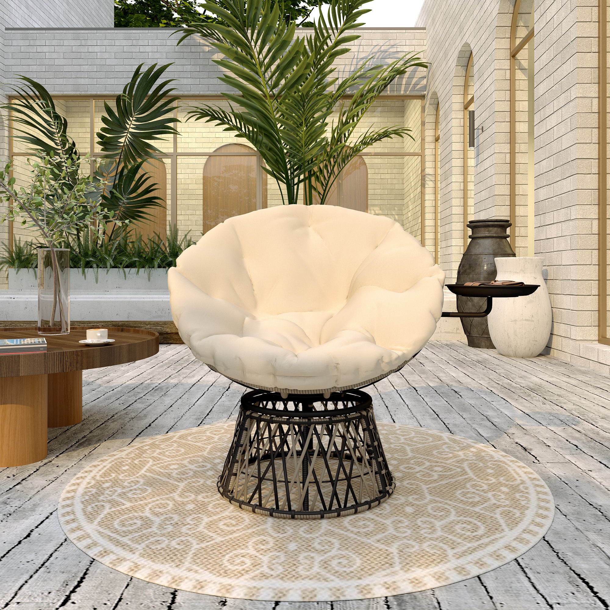 Papasan Chair Rattan 360° Swivel Basket Chair with Cushion Diameter 90 cm Round Outdoor Rattan Chair Swivel Lounge Chair Reclining Chair for Living Room Garden Balcony Beige