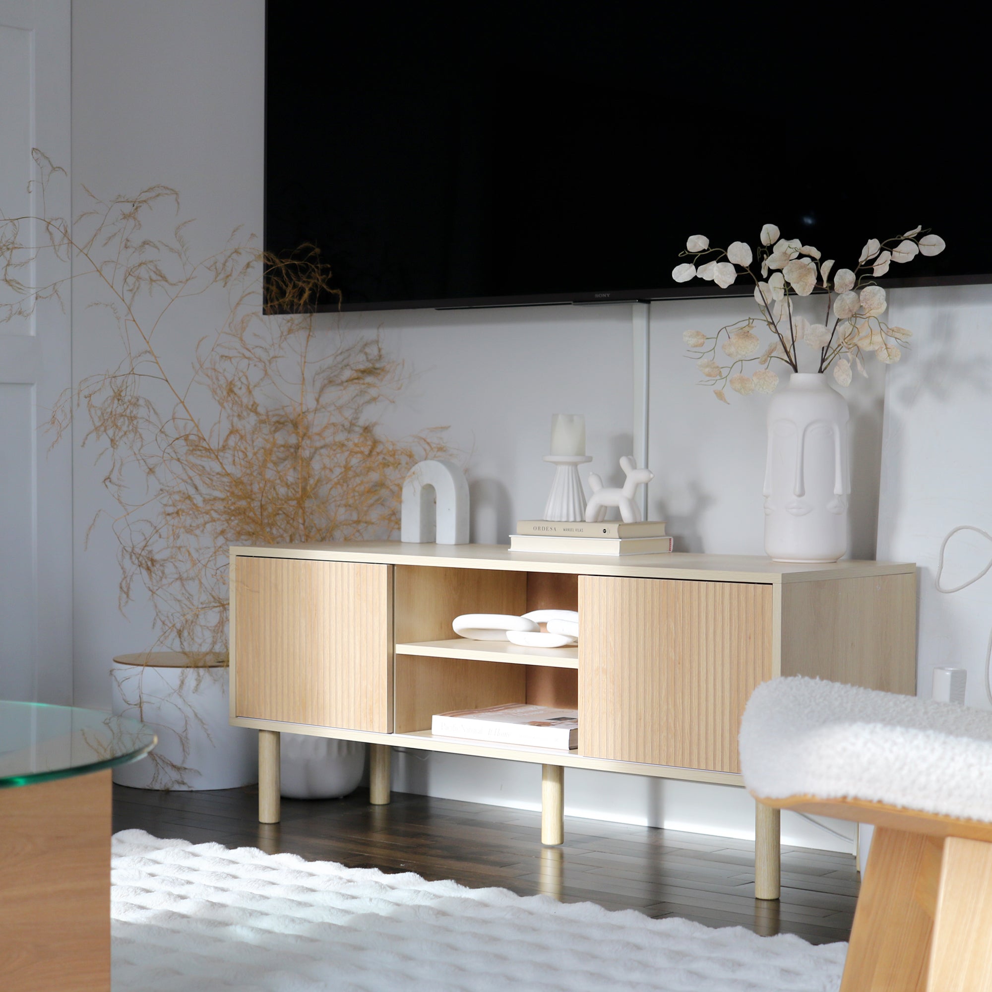 TV Stand TV Mount for up to 50-inch TV with 2 Sliding Doors and 2 Shelves with Cable Management - 115 x 40 x 49 cm