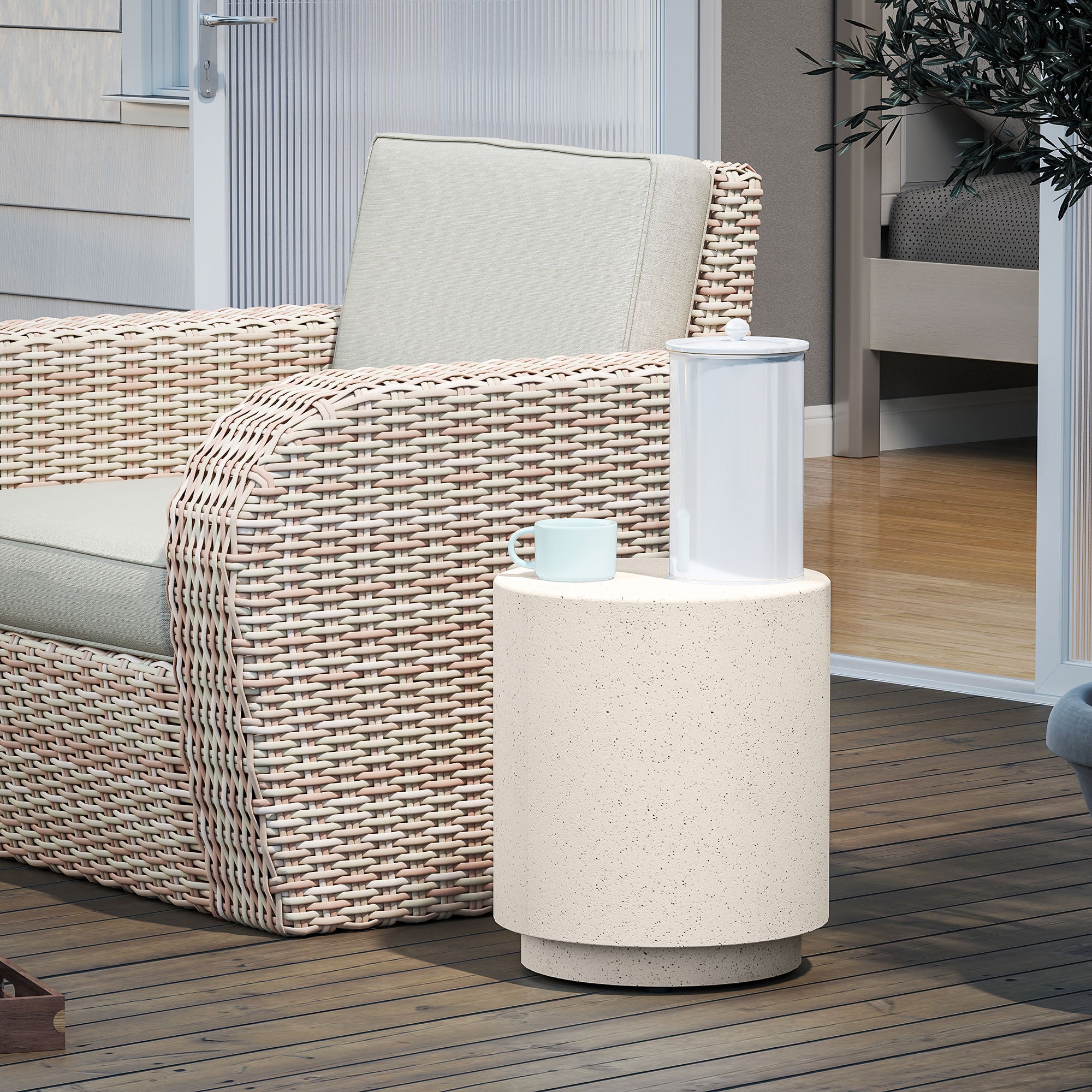 Side Table Living Room Table with Stone Look, Coffee Table, End Table, Coffee Table for Living Room, Garden Ø37 x 43 cm, Cream White