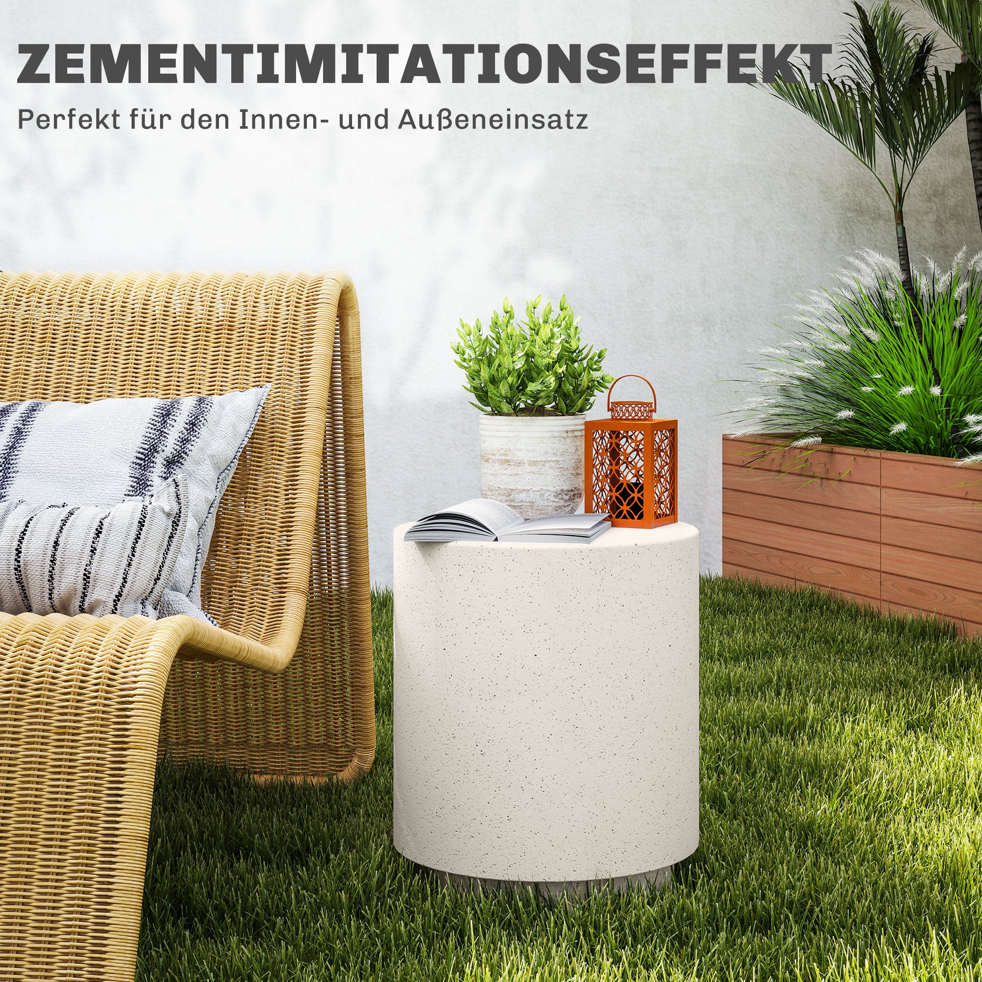 Side Table Living Room Table with Stone Look, Coffee Table, End Table, Coffee Table for Living Room, Garden Ø37 x 43 cm, Cream White