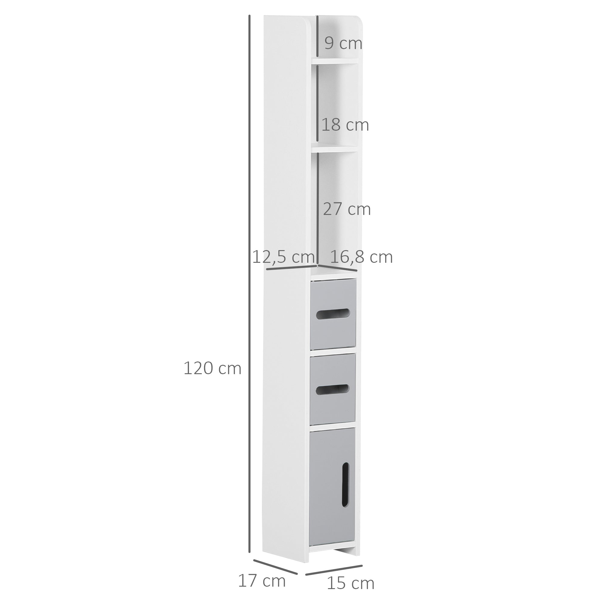 Bathroom Column Cabinet with 3 Doors 3 Open Shelves and Anti-tip System Modern Style Bathroom Cabinet 15x17x120 cm Grey