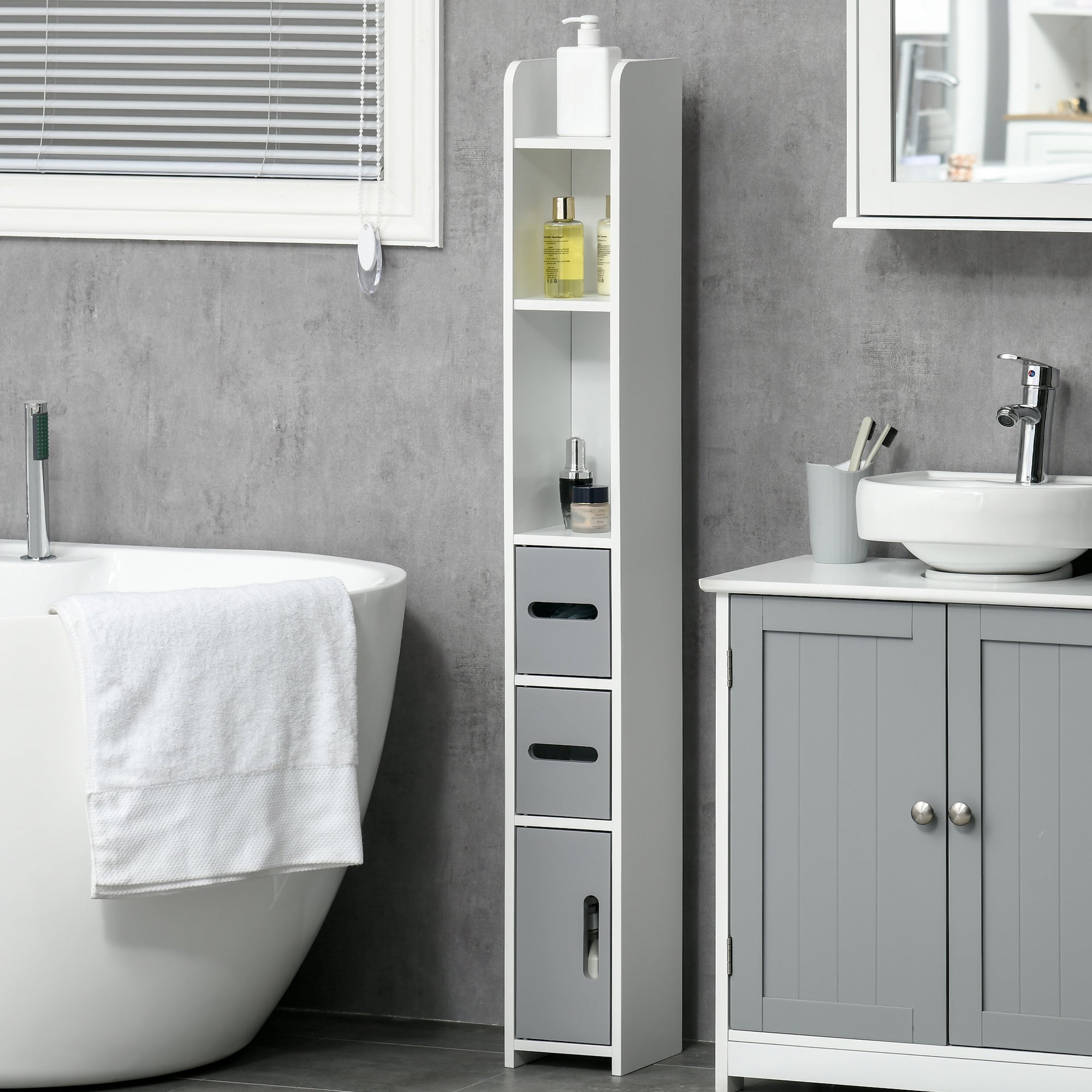 Bathroom Column Cabinet with 3 Doors 3 Open Shelves and Anti-tip System Modern Style Bathroom Cabinet 15x17x120 cm Grey