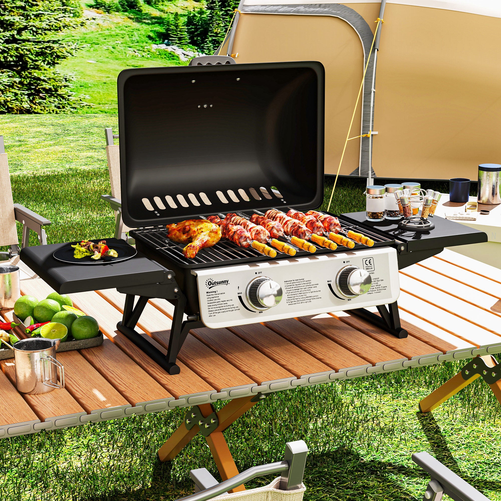 Portable Tabletop Gas Grill, 2 Burners 5.6 kW (≈19,100 BTU), 279 sq in Cooking Surface, Foldable Side Shelves, Lid with Thermometer, Black