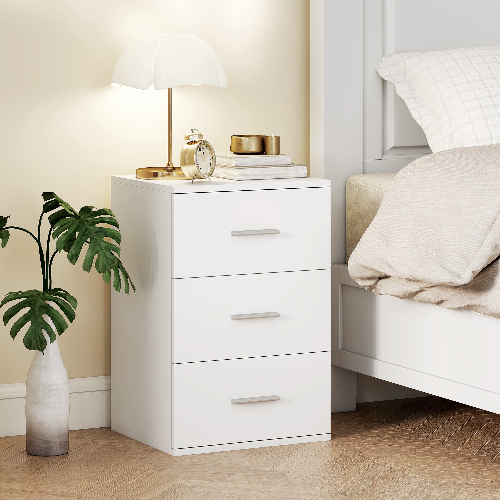 Nightstand with 3 Drawers, Bedroom Bedside Cabinet, MDF, White