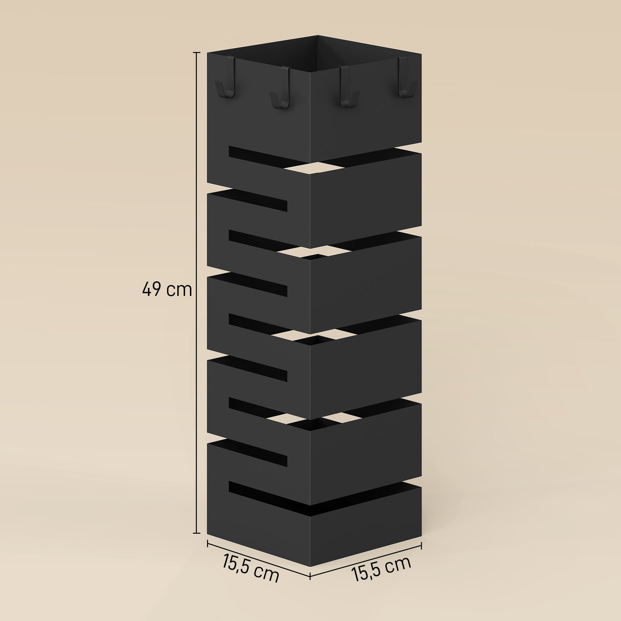 Metal Umbrella Stand, Square Holder with Removable Drip Tray & 4 Hooks, for Entryway, 15.5 x 15.5 x 49 cm (6.1 x 6.1 x 19.3 in), Black