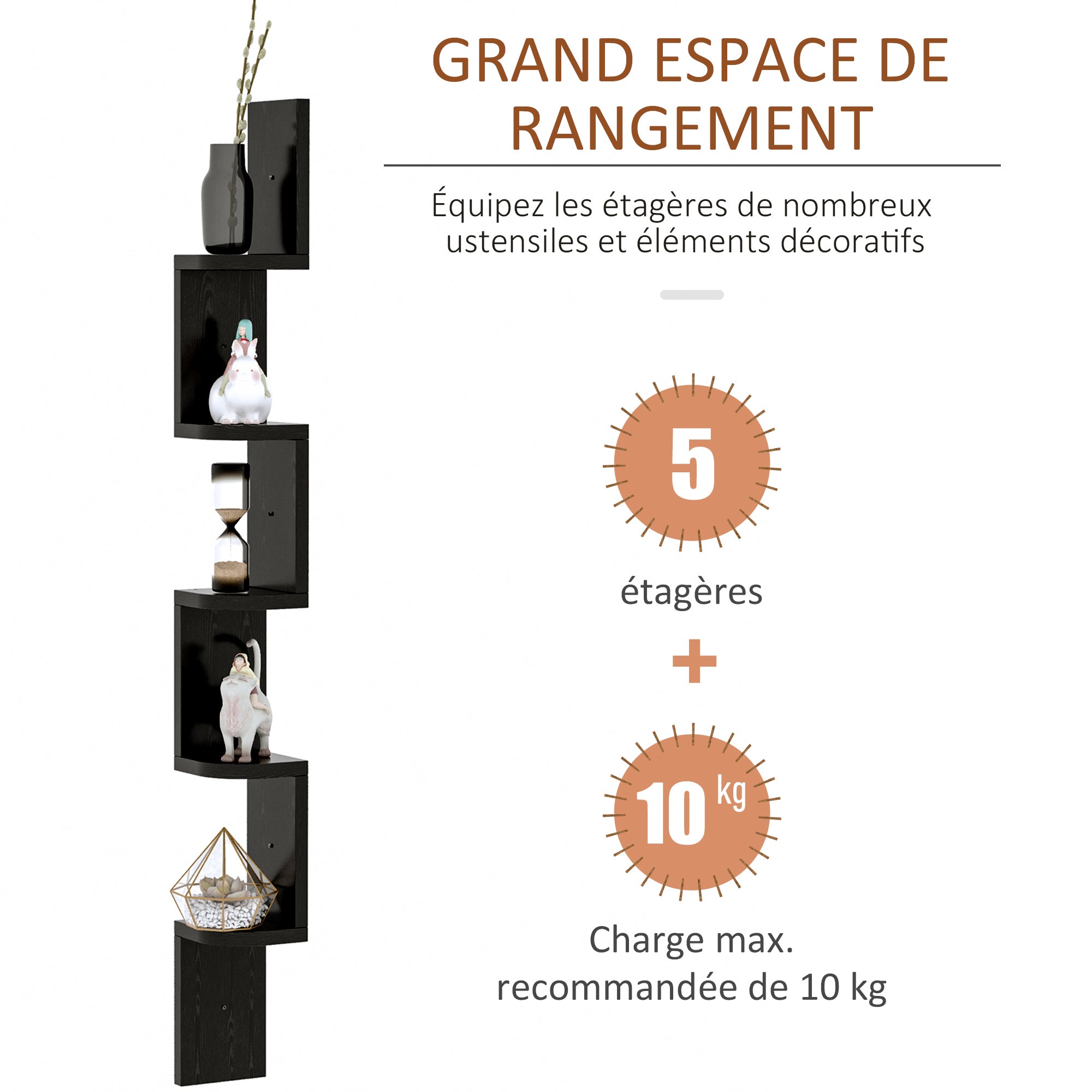 5-Tier Zigzag Wall-Mounted Corner Shelf Height 120 cm Black Wood