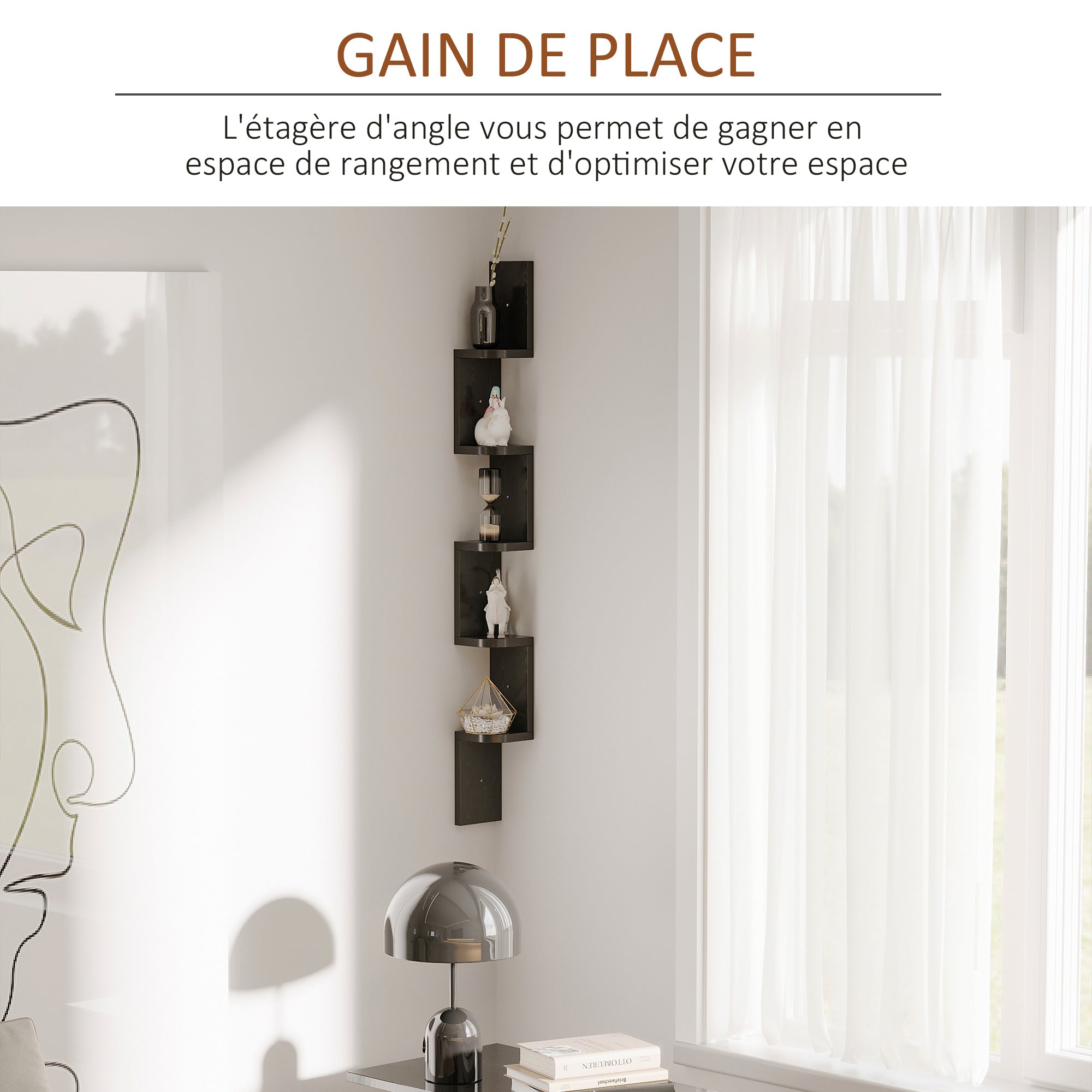 5-Tier Zigzag Wall-Mounted Corner Shelf Height 120 cm Black Wood